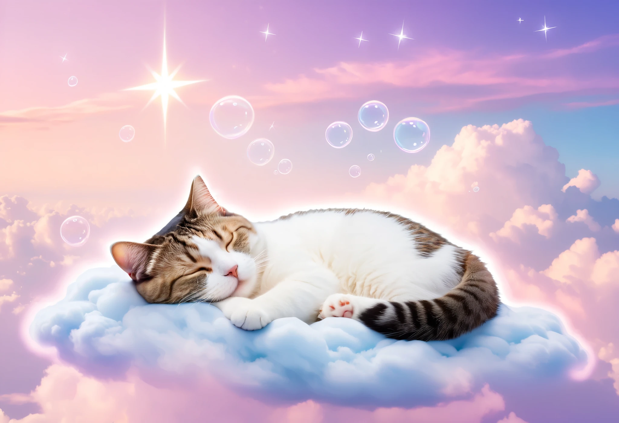  dreamy cat sleeping on fluffy clouds , Kind stars 々 and fantastic light .  the cat is in the middle of a sweet dream It has a calm expression as if it were.  The background is filled with pastel skies and glowing clouds .  cat hair is fluffy and soft ,  shines with a slight light that shines . The atmosphere is calm,  with a gentle pink gradation , Lavender,  blue magically blends ,  Surreal Scene .  cat's eyes are gently closed ,  dream bubbles float above my head ,  showing an abstract symbol of dreams .


