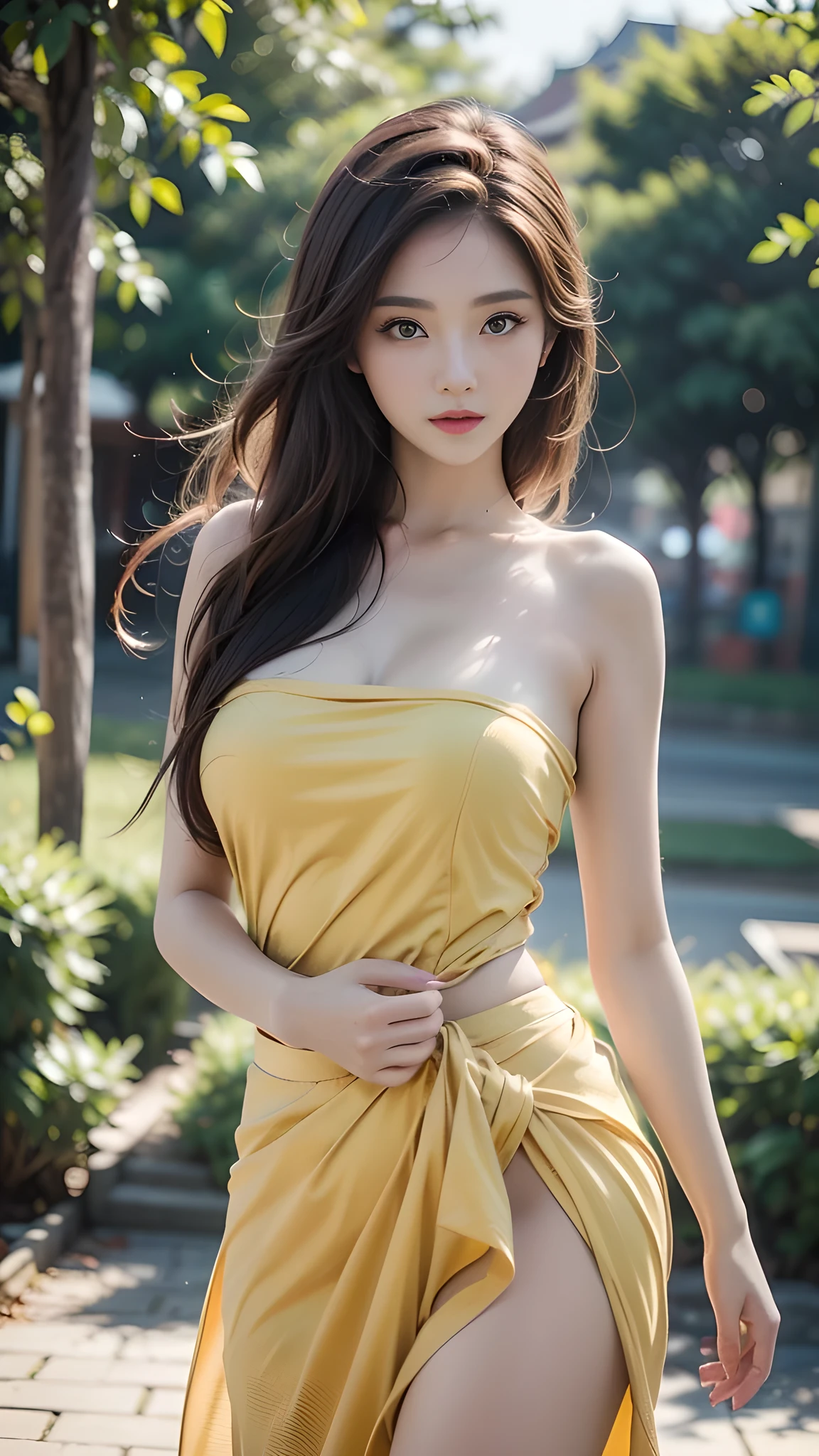a woman in a tan dress sitting on a stone ledge, photo of slim girl model, sexy dress, lovely woman, opened dress, low cut dress, photo of slim girl, gorgeous chinese model, gorgeous young korean woman, good young girl, sexy girl, tight dress, light half opened dress, young sensual graceful, short dress, simple dress