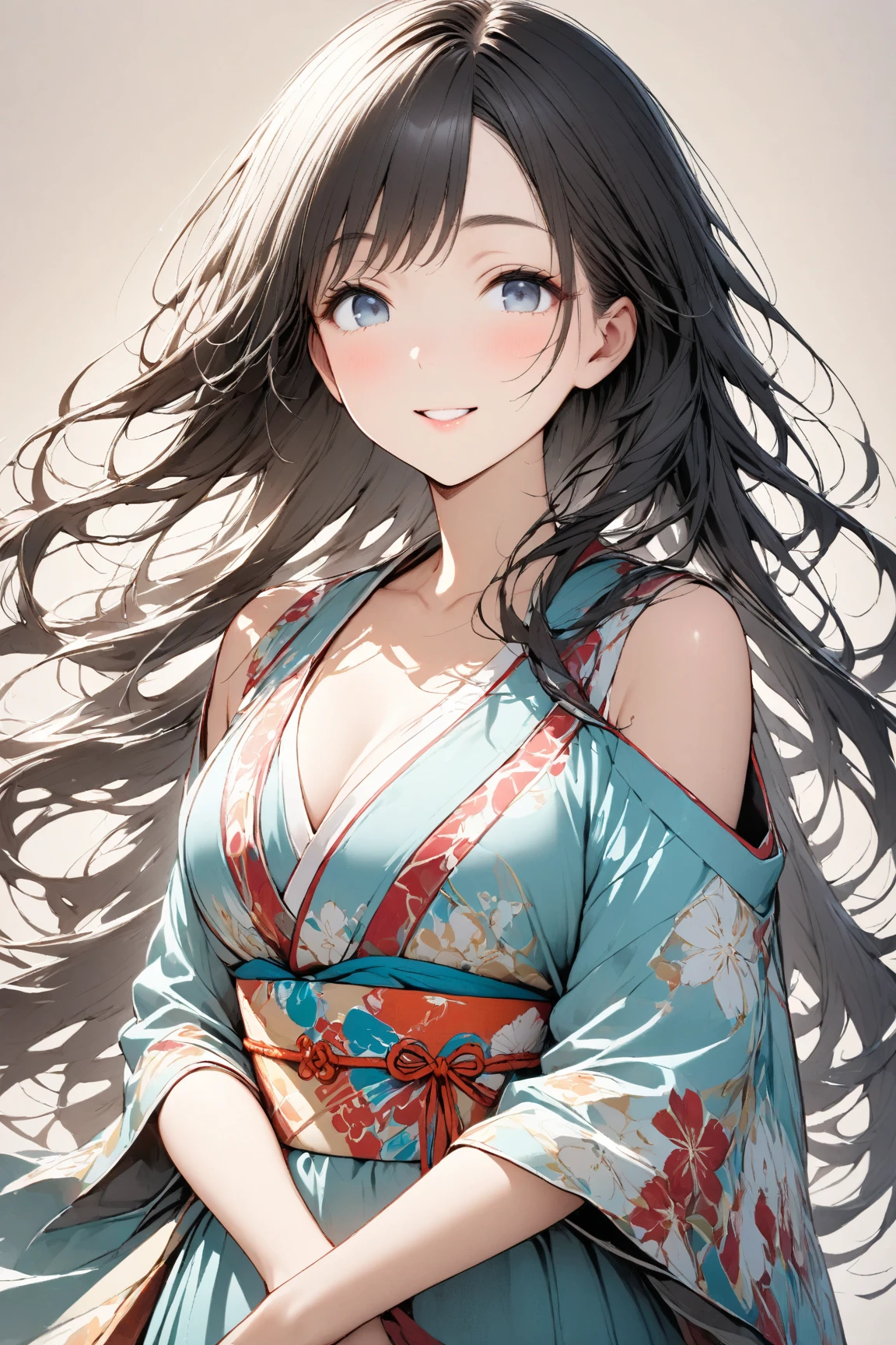 (score_9,score_8_superior,score_7_superior,score_6_superior),masterpiece,Highest quality, Source Anime, evaluation_Explicit, (((masterpiece))), (((Highest quality))), ((Very detailed)), ((figure)), (One girl), (Beautiful Japanese Women), (Long black hair), (blue eyes), (Collaboration Background), (Wear a traditional kimono), (Detailed face), (Perfect Anatomy), (detailed light and shadow), (Calm expression), (Minimalist Style),(Cleavage:1.1),((A shy smile)), (eye shadow:0.8), digital coloring, (Sun glare;1.2), Bokeh, Written boundary depth, Blurred Background, Particles of light, Strong winds, Glowing Skin, Spotlight, Bright colors