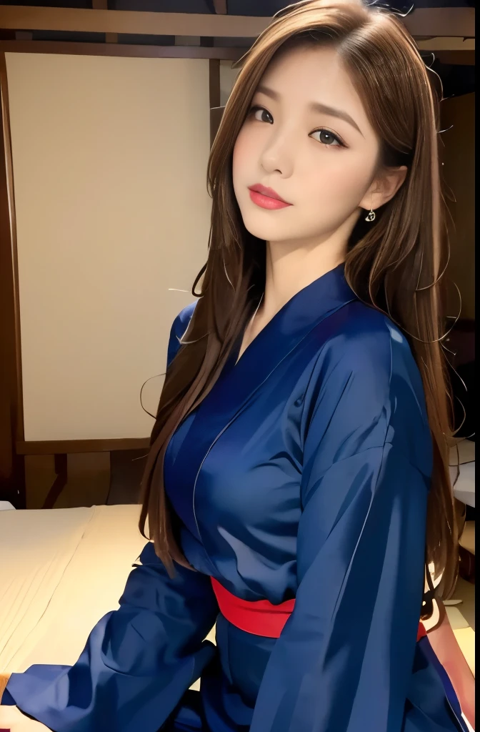 best quality , 8k, Masterpiece :1.3, one girl,Asking for a kiss:1.3,Red lipstick:1.2,Dark lipstick:1.2, beautiful woman,double eyelids, Onsen Ryokan,Low table,tatami,bedroom,Japanese-style room, staring at the camera,(Navy blue yukata),Masterpiece: 1.3,Maximum resolution: 1.4, cinematic lights , Detailed Eyes and Skin , ( detailed facial features), 8K resolution , Perfect Style , beautiful expression ,seiza, highly detailed face and skin textures,Pale Cheeks,Pure white skin:1.5, glossy lips:1.2,(( full body shot :1.2)),Sit down, straight long hairstyle, light brown hair ,175cm,