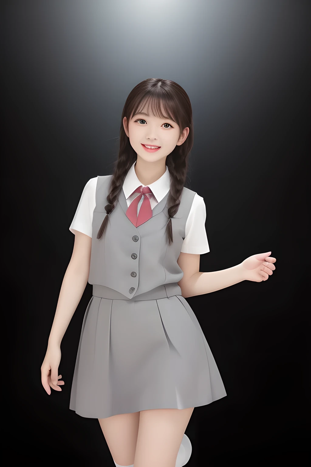 (highest quality, masterpiece, high resolution:1.2), 4K, (Photo quality detailed foreground: 1.2), (Giorgione painting style: 0.8), geometry, (e 14ygirly Japanese photo idol is looking at me with her too beautiful eyes: 1.3), Laughing cutely, (Gray Japanese school girly vest Uniform with neat girly white short-sleeves school blouse, puffed short sleeves: 1.2), (white socks and school loafers: 1.2), (Dark red glossy school ribbon on the breast: 1.0), (Extremely laughing cheeks: 1.0), (Beautiful light-amber large clear open eyes with balanced and detailed cutely: 1.4), (Expressing the greatest joy with her whole body: 1.2), (Glossy lips: 1.0), (braids tied under her ears: 1.3), (cute earrings), (Inviting me into the heaven: 1.6), (white and clear skin: 1.0), (Laughing 14yo te princess's eyes: 0.8), (Placing her beautiful white hands together like praying: 0.9), (Full-body shot: 1.2), (Drives me crazy for her glossy neat short-bobbed hair and make me fall into love: 1.2), (black plain background: 1.5)