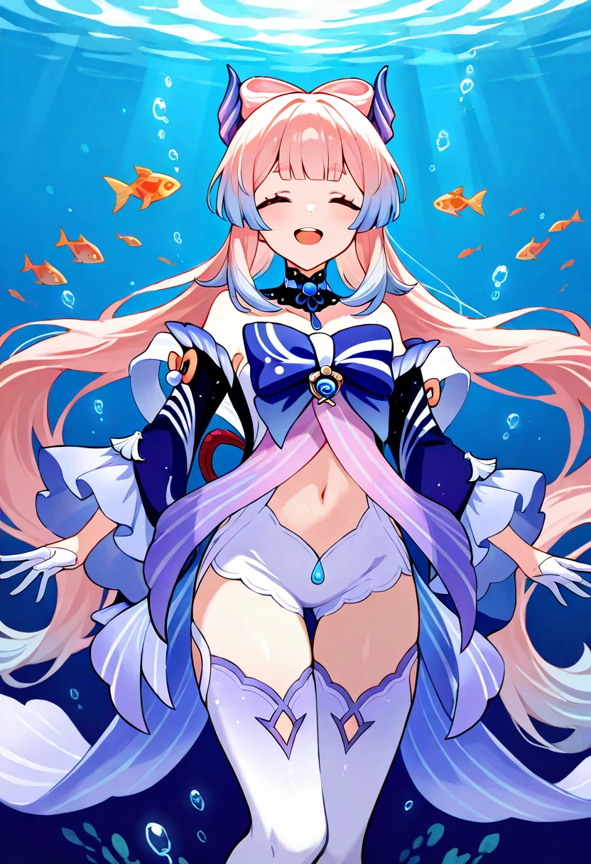 masterpiece, best quality, very aesthetic, absurdres, 1girl, mature_lady, ,,sangonomiya_kokomi(genshin_impact), blue_hair, pink_hair, multicolored_eyes, long_hair, bow-shaped_hair,  colored_tips, bare_shoulders, detached_sleeves, long_sleeves, wide_sleeves, gloves, half_gloves, white_gloves, thighhighs, white_thighhighs,,under sea,blur background,background defocus,areola_slip