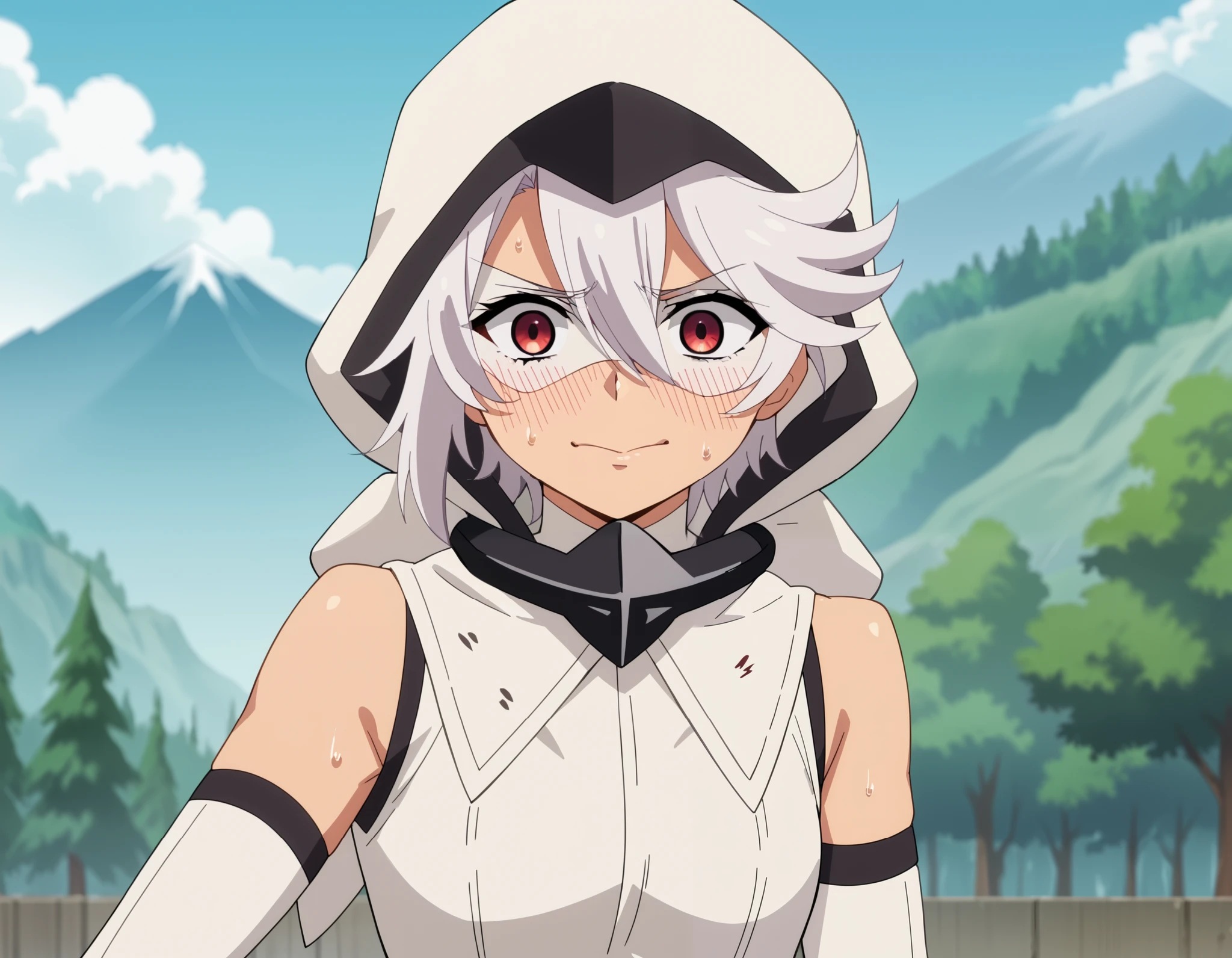 1girl, solo, short hair, White hair, red eyes, eye mask, leotard, sleeveless, belt, elbow gloves, bracelet, thighhighs, thigh boots, Hood, ((hood up)), upper body, outdoors, mountains, serious look, nervous smile, closed mouth, sweat, blush, fighting stance, solo, anime screencap score_9, score_8_up, score_7_up, score_6_up, score_5_up, score_4_up, BREAK source_anime, masterpiece
