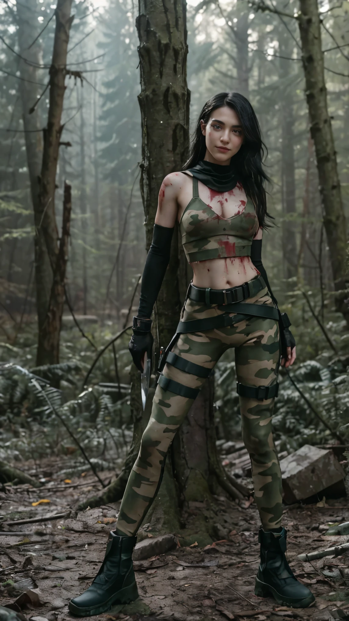 (masterpiece), best quality, HD, 8k, expressive eyes, perfect face, german girl, black eyes, earphones, (((knife hold stab))), black hair, smiles sadistic look, tag necklace, (((blood morning))), black hair intakes, holster, bare hands, ammunition, black footwear, arena, full body, green leggings, belt, trees, black croptop, collarbone, navel, midriff, giggity, long hair, breasts, hecate, Germans mercenary, medium cleft of venus, chest rigs, camo tactical, solo, climber shoes, forests, holding gun rifle, outdoor background, ((((cutting her victim bodies)))), (((blood everywhere))), circle glasses, peeing, green camouflage leggings, full body