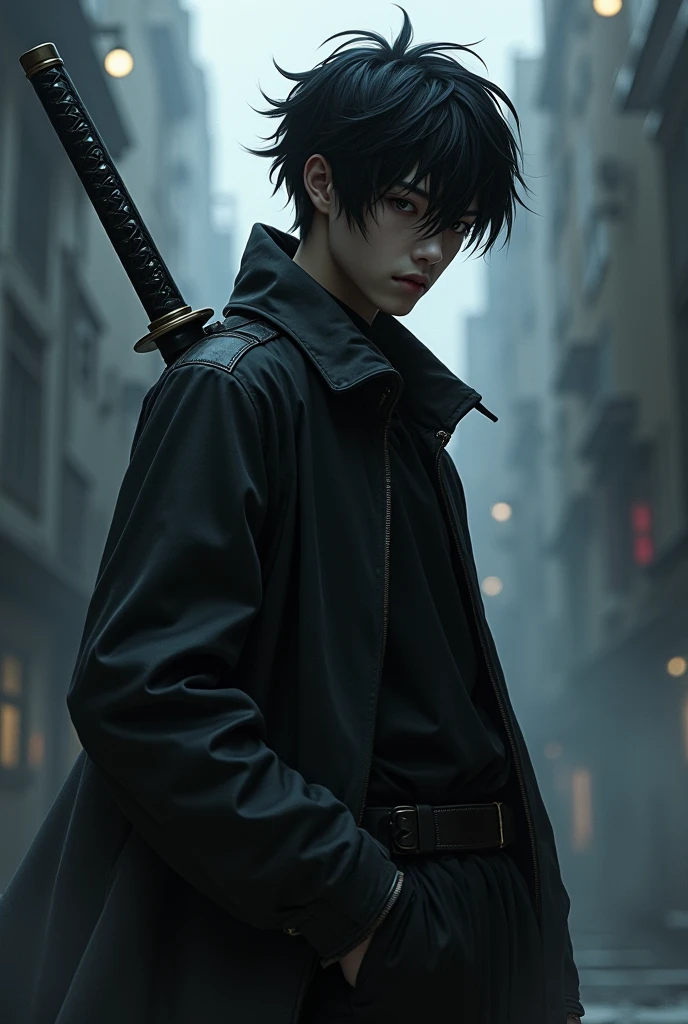 18 year old boy, 1,86 meters high, styled "Bleach", Caucasian skin, Eyes red, black hair tied up, Korean appearance, black overcoat torn at the ends, black pants, White sneakers, black katana, freight to the gates of hell