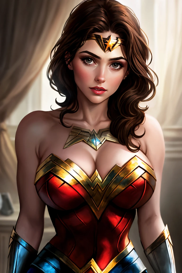 wonderwoman, black hair, blue eyes, large breasts, wide hips, thick thighs, no teeth, beautiful face, realistic, ray traced, beautiful eyes, red lipstick