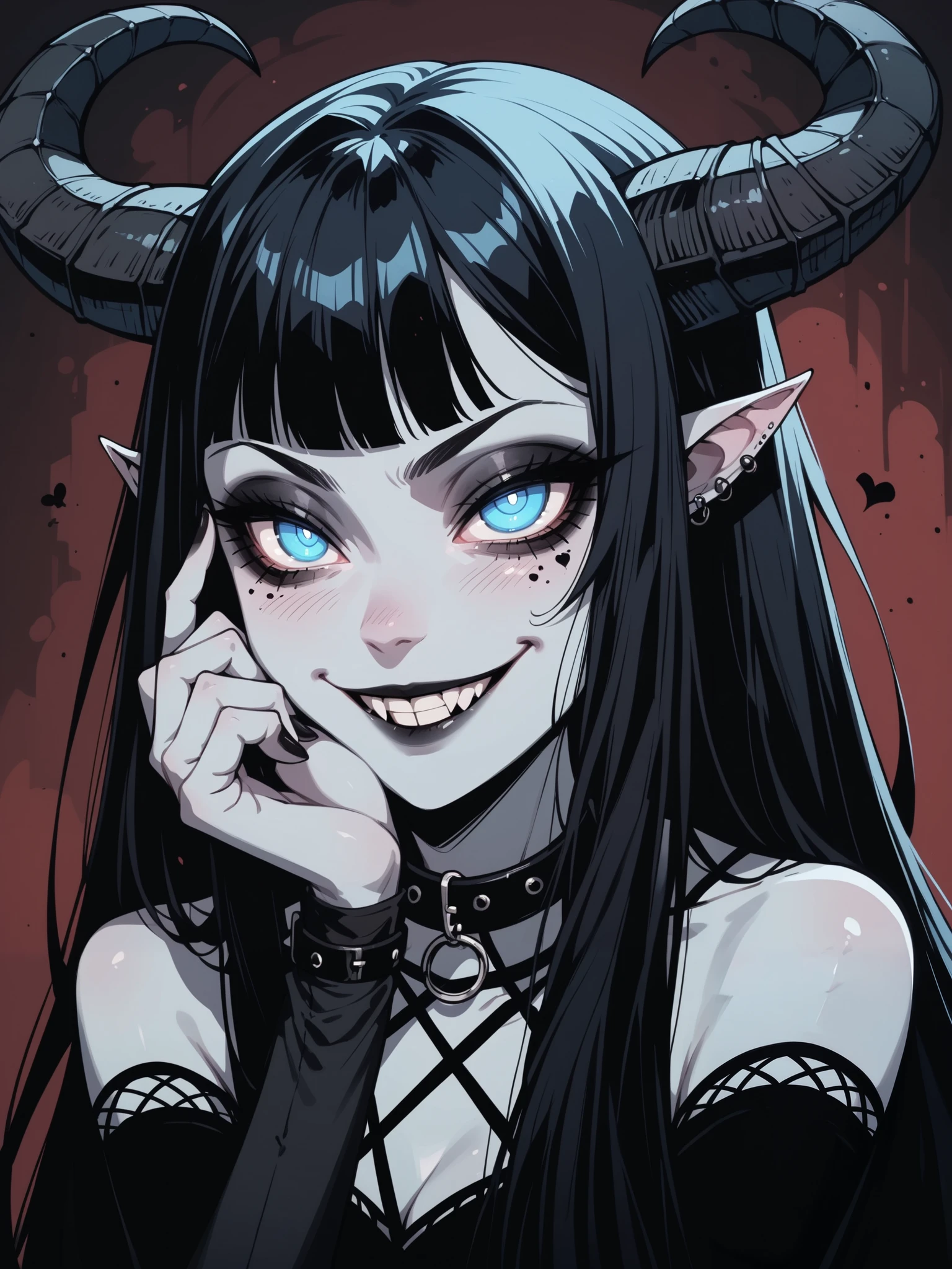A tiefling, sexy ,grey skin, sweet face , anime head shape , big black curved horns, score_9, score_8_up, score_7_up, score_6_up, 1girl, g4n1m3, gothic high-quality, looks at the audience , ( black long hair, Expressive blue eyes:0.7, glowing blue eyes ), seductive eyes, smile, collar, ((sfw)), gothic clothing , focus on face, (grind your teeth ), (devious smile, cunning eyes)