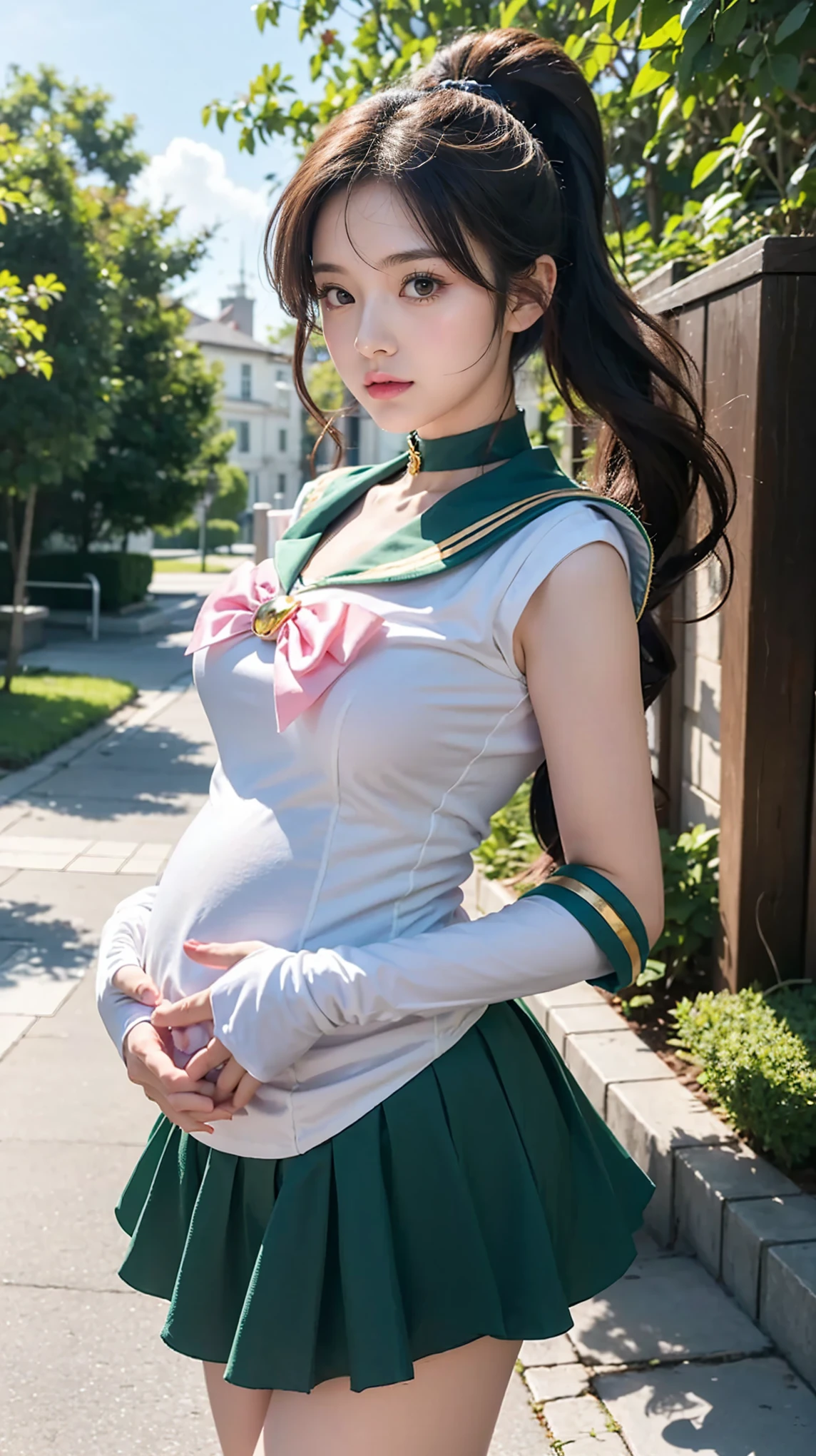 a pregnant woman, heavily pregnant, cosplaying as sailor moon, a close up of a woman in a uniform posing for a picture, anime girl cosplay, the sailor jupiter. beautiful, Big chest, big breasts, chubby body, slightly plump sexy waist, thin lips, shiny pink lips, beautiful round eyes, weight 55kg. anime cosplay, sailor uniform, anime girl in real life, sailor moon style, cosplay, publicity cosplay, cosplay photo, professional cosplay, cosplay of a catboy! maid! dress, realistic cosplay, loose coat collar sailor uniform, by Sailor Moon