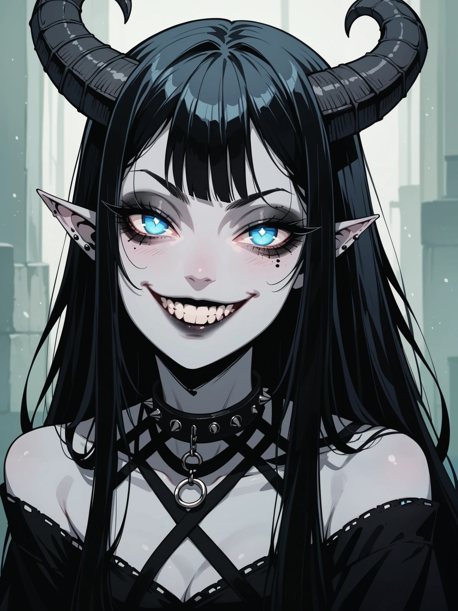 A tiefling, sexy ,grey skin, sweet face , anime head shape , big black curved horns, score_9, score_8_up, score_7_up, score_6_up, 1girl, g4n1m3, gothic high-quality, looks at the audience , ( black long hair, Expressive blue eyes:0.7, glowing blue eyes ), seductive eyes, smile, collar, ((sfw)), gothic clothing , Facial focus , (grind your teeth ), (devious smile, cunning eyes)