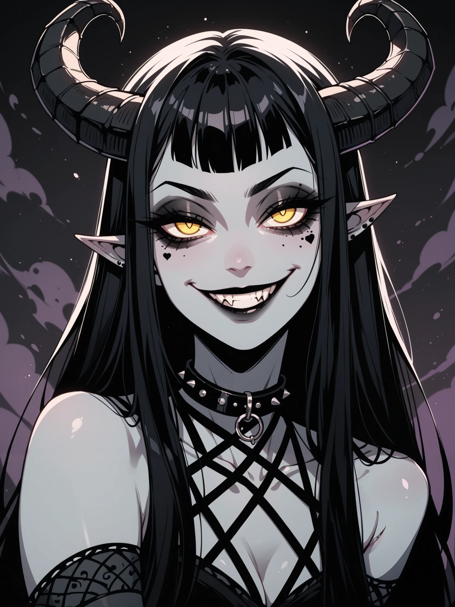 A tiefling, sexy ,grey skin, sweet face , big black curved horns, score_9, score_8_up, score_7_up, score_6_up, 1girl, g4n1m3, gothic high-quality, looks at the audience , ( black long hair, Expressive yellow eyes :0.7, glowing yellow eyes ), seductive eyes, smile, collar, ((sfw)), gothic clothing , focus on face, (grind your teeth ), (devious smile, cunning eyes) gothic background