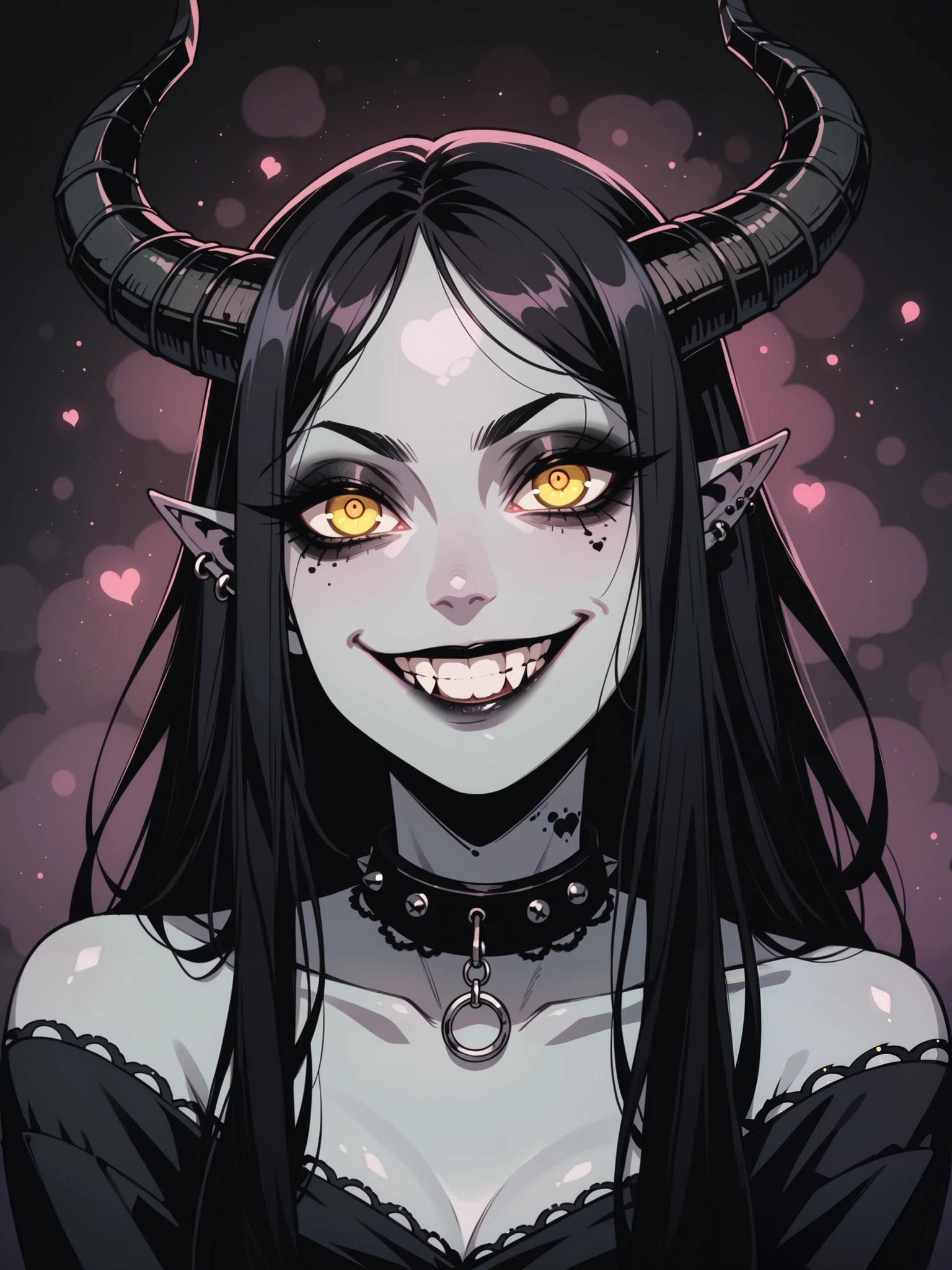 A tiefling,  sexy ,grey skin,  sweet face ,  big black curved horns, score_9, score_8_up, score_7_up, score_6_up,  1girl,  g4n1m3, gothic high-quality,  looks at the audience , ( black long hair,   Expressive yellow eyes :0.7,  glowing yellow eyes ),  seductive eyes, smile, collar, ((sfw)), gothic clothing ,  Facial focus , (grind your teeth ), (devious smile, cunning eyes) gothic background 