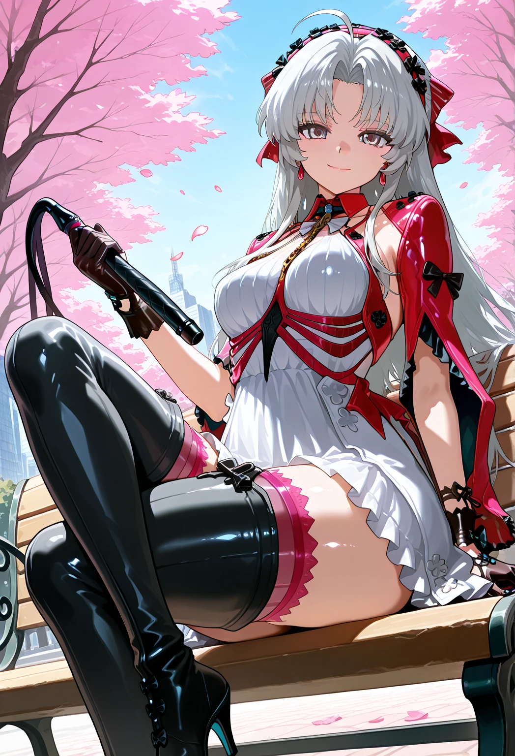 masterpiece,best quality,absurdres, amazing quality, shiny skin,
tokyo \(city\), park, cherry blossoms, falling petals, cowboy shot, smile, looking at viewer, sitting, park bench, on bench, crossed legs, 
carlottailvp, 1girl, long hair, dress, parted bangs, grey hair, gloves, black gloves, ahoge, white hair, white dress, jewelry, bow, earrings, blue eyes, hair bow, thighhighs, medium breasts, (black flowers hairband), very long hair, (red hairband), grey eyes, multicolored eyes, thigh boots, pink thighhighs, thighhighs under boots, high heel boots,((high heel soles)), dominatrix, bondage outfit, whip, holding whip, latex gloves, latex corset, latex panties