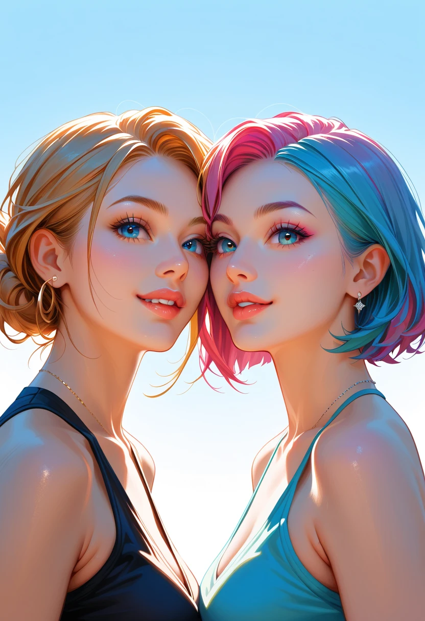 2 girl 1.60, white with short hair and blue eyes, looking passionately at his girlfriend with short curly hair, black and purple eyes, much higher.