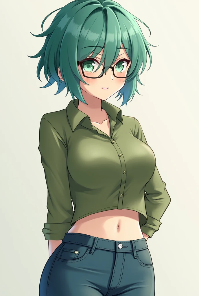 Masterpiece, best quality, 1girl, solo, 23 years old, adult, teal and green hair, messy hair, asymmetrical hair, very short hair, aqua eyes, medium breasts, toned, 167cm, pale skin, glasses, grin, olive green shirt, jeans, midriff peek, charley.atwell