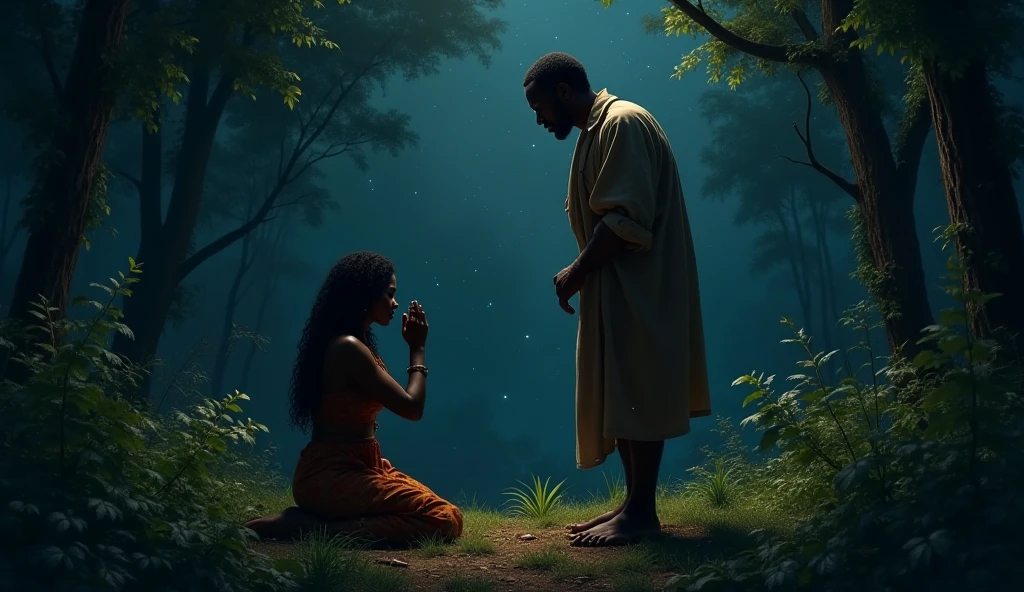Tibetan monk worshipping the feet of a dark black skin naked powerful woman posing sensual on a calmed lake sunrise