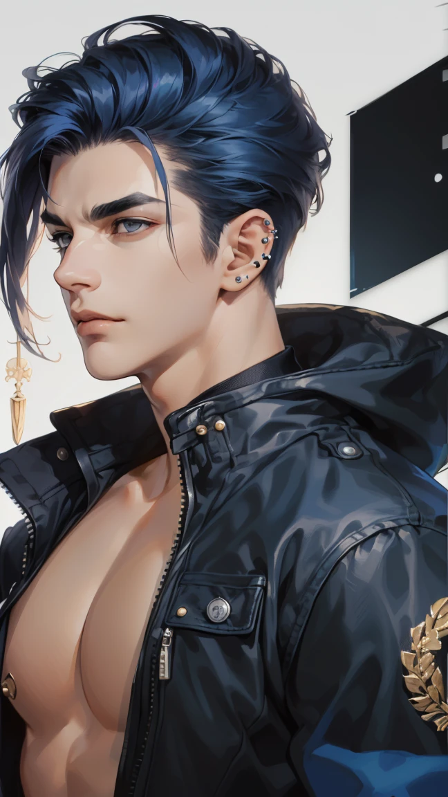 (absurdres, highres, ultra detailed), 1 male, elf adult, handsome, tall slender guy, narrow eyes, narrow shoulders, finely detailed eyes and detailed face, messy shaggy black hair, side bangs, bangs, green eyes, sexy twink, shirtless, final fantasy 14, dog collar, full body shot, backside, back view, submissive expression, bad boy