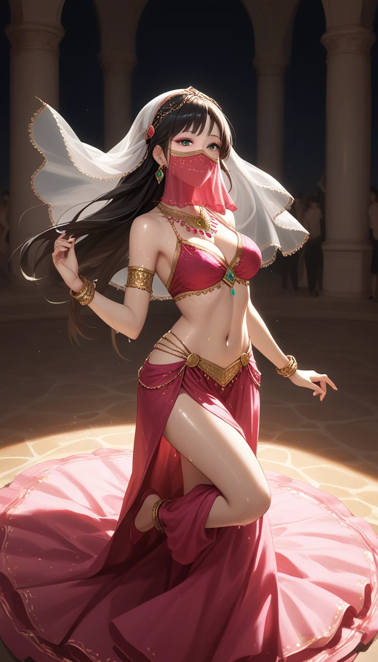 A beauty Arabian model woman with redhijab on the stage, red lips, pink lace bra, pink lace underwear, small breast, belly dancer , solo, smile, cleavage, angle from looks the bottomless.