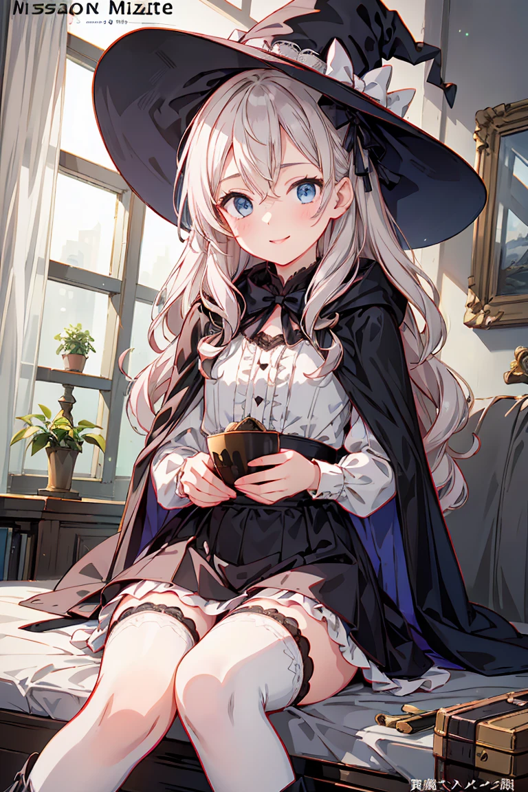 masterpiece, illustration, super detailed, kawaii, one girl, solo, witch in super cute pose, bed room, cowboy shot  ,sfw, Dynamic angle
