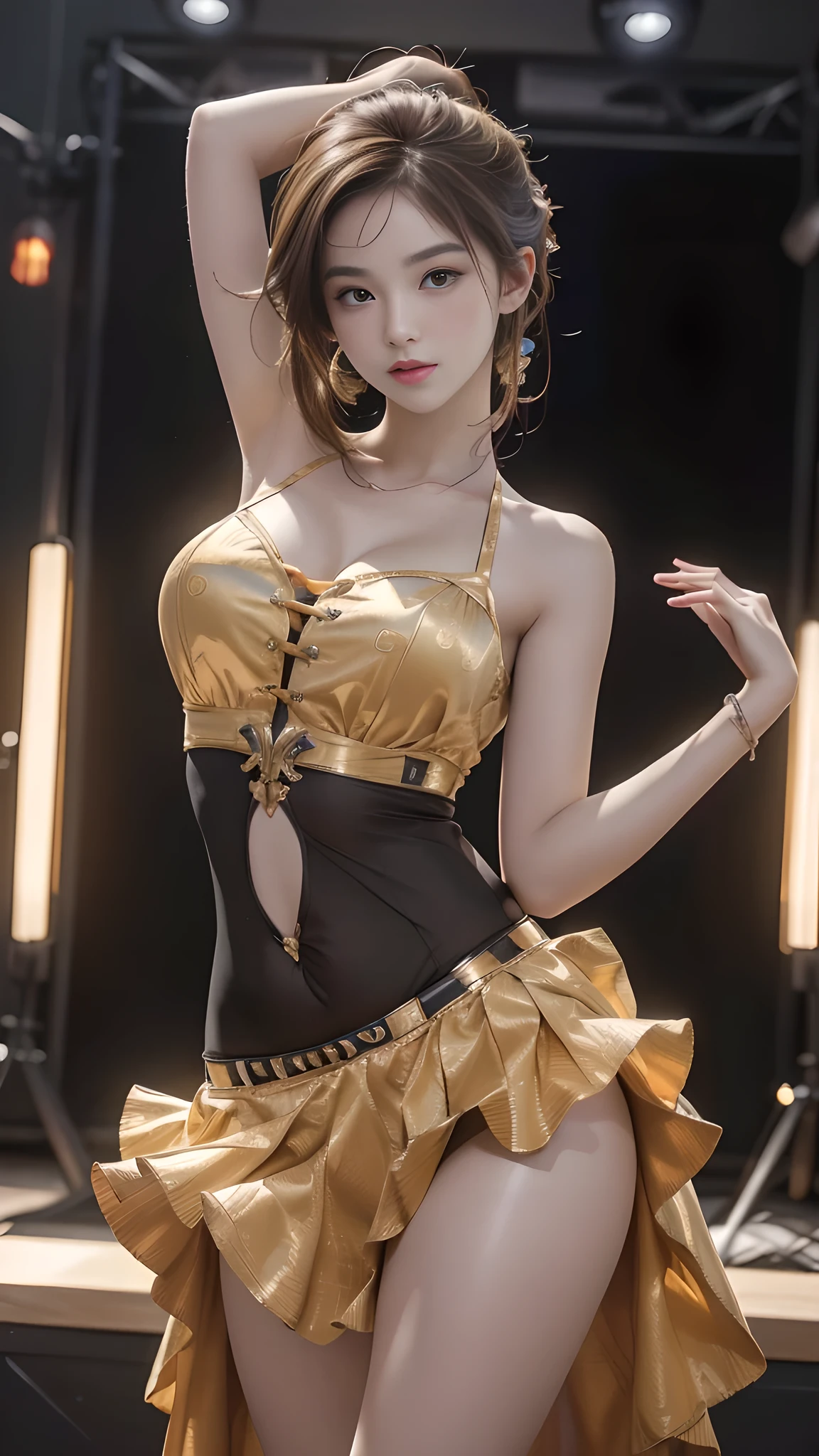 Huge breasts、27-year-old girl、sexy yellow deep slit chest、black lace deep slit chest、Extravagant glitter style、dark and mysterious version、red lipsticks、 thin and clean lips、don't smile、Keep your mouth shut、Characters created by Karol Baku and Pino Denis、intricate-detail、细致背景、A highly detailed、light magic、One lady、face perfect、Clear face、look at the goddess'face and round chest、length hair、Flat, Bangorty face and well-proportioned eyes、 (yellow eyes:1.8)、big round eyes and very beautiful and meticulous makeup,,、Long Silk Shirt、Mystical makeup、wear flat bangs、dyed bright blonde、The upper part of the bodyは女神です、Arms are drooping、 realisiticで鮮やかな画像、(stars that make up the zodiac:1.7)、 (Broken constellations and space-time gate on sky background、Textured:1.8)、fiction art、Raw photography、Photo Credits: Humph Fost、The highest resolution、best qualtiy、best photo quality、The 8k quality、8K Extreme、超realisitic、最もrealisiticな、goddess portrait art、1 portrait of a goddess、 最もrealisiticな配est picturesの色, masterpiece, hair adornments, a necklace, jewely, cute face, The upper part of the body, Tindall Effect, フォトrealisitic, Dark Studio, border light, bright two-tone color, (High detailed skin:1.2), 8K UHD, Digital SLR, softlight, hightquality, Volumetric Lights, realisitic, snap shot, hight resolution, 4k画质, 8K, bokeh dof, Smooth and sharp, 10x pixel increments, 女性のSexy Goddess, Sexy Goddess、