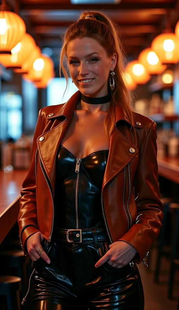 Foto de medio cuerpo de una mujer arafed. (Olivia Wilde), cabello ondulado largo, Calida sonrisa, Bright red lipstick, hermosos ojos brillantes y realistas, textura de piel detallada, pechos naturales. seductor, she looks amazing, en un bar. Gothic style. (crimson red leather jacket, blusa escotada. simple design), Bar. noche,