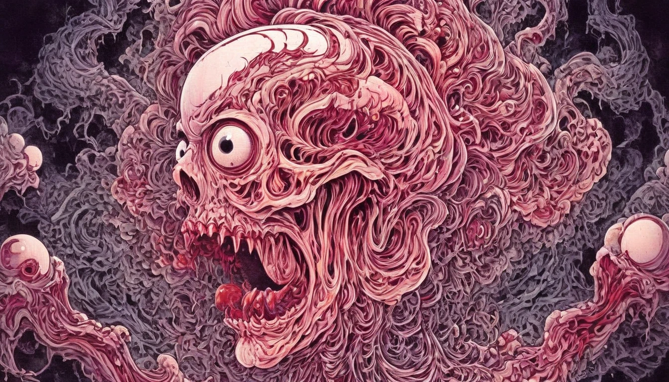 C(disturbing:1.15) entity amidst a labyrinth of Escher-like geometries. Its sinewy, (metallic parts:1.05) should interlace with the patterns, making it difficult to discern where the she (evil sushi:1.1) fish (roe face:1.25)  creature ends and the background begins. The patterns should seem to pulsate with the creature's (unnatural:1.05) life.(Horror:1.15), (liquid melting and dripping brain:1.15),hot spicy sauce, painfull spicy, 1million scoville, painted with a chainsaw,hyperrealistic, photorealistic, Ancient one,(gigercraft:1.1), (c1bo:1.1),