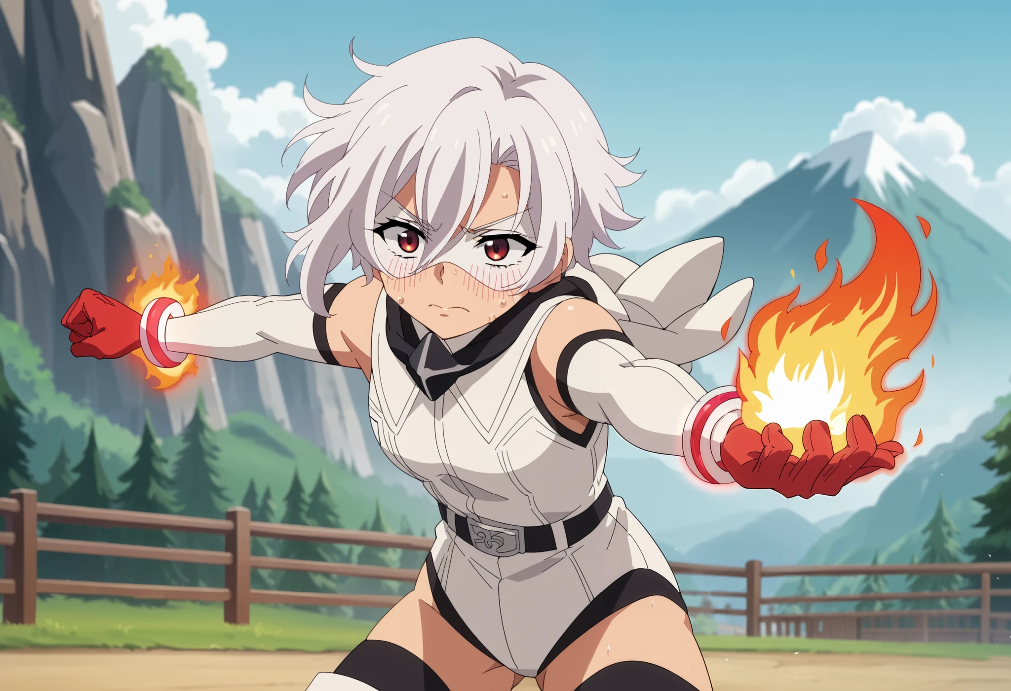 1girl, solo, short hair, White hair, red eyes, eye mask, leotard, sleeveless, belt, elbow gloves, bracelet, thighhighs, thigh boots, Hood, ((hood up)), upper body, outdoors, mountains, closed mouth, sweat, blush, fighting pose, solo, fire, fire on hands, anime screencap score_9, score_8_up, score_7_up, score_6_up, score_5_up, score_4_up, BREAK source_anime, masterpiece