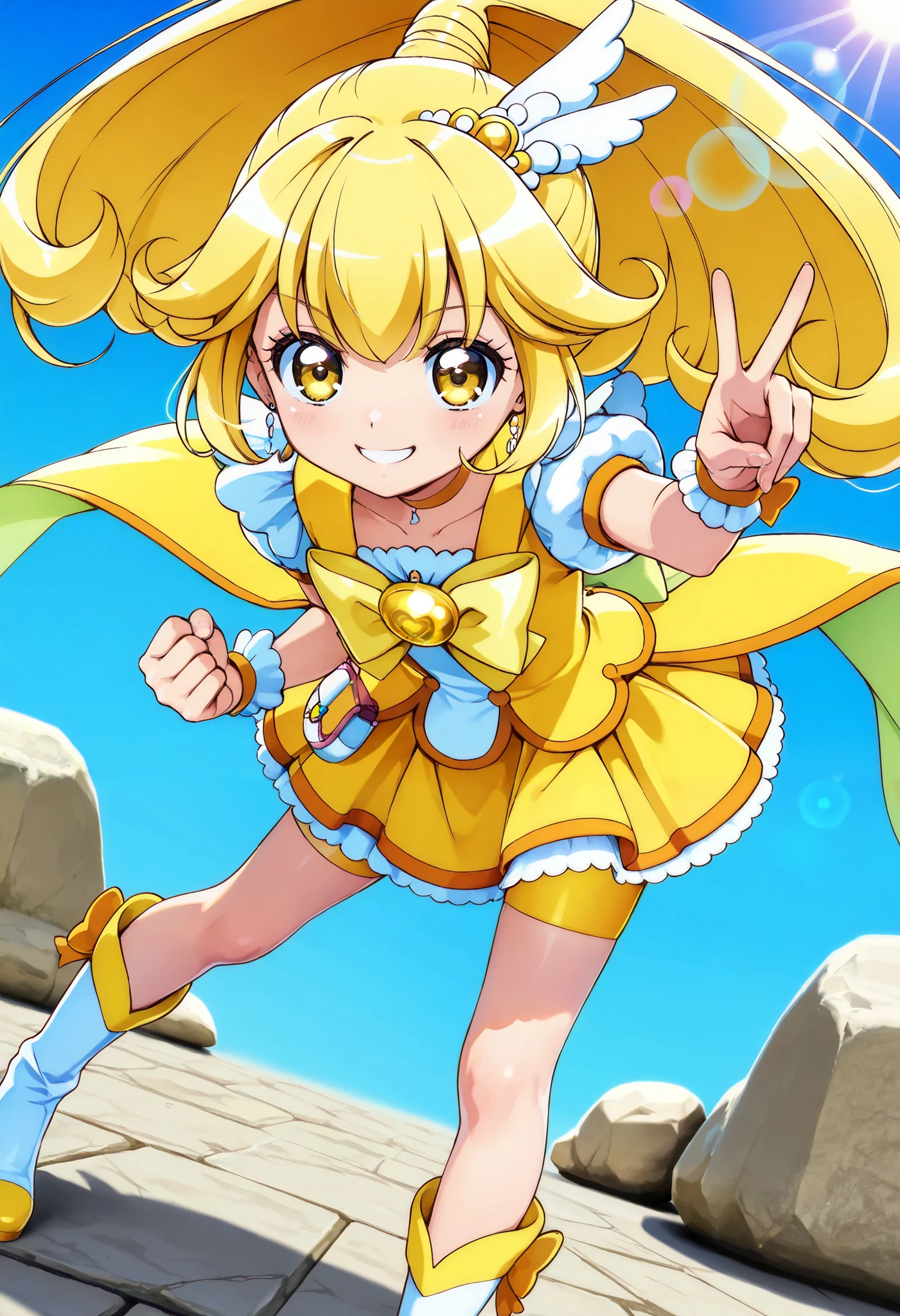 curepeace, Magical Girl, Blonde, ponytail, wide ponytail, hair flaps, hair ornament, yellow eyes, choker , shirt, puffed short sleeves, Wrist Cuff , yellow bow, Neck Bow, skirt , bike shorts, bike shorts under skirt , boots, is so lovelyな女子生徒, 1 snapshot of a woman, Devilish Beauty , effectively represents sunlight , lens flare, have a smiling smile , Glowing Contours, Backlit sunlight, glittering , Glamor, is so lovely, colorful , lively, look at the viewers, Clench your fist, (Hand sign sticking forward, Rock-paper-scissors:1.2), clear blue sky background , HD, very aesthetic, best quality , masterpiece.