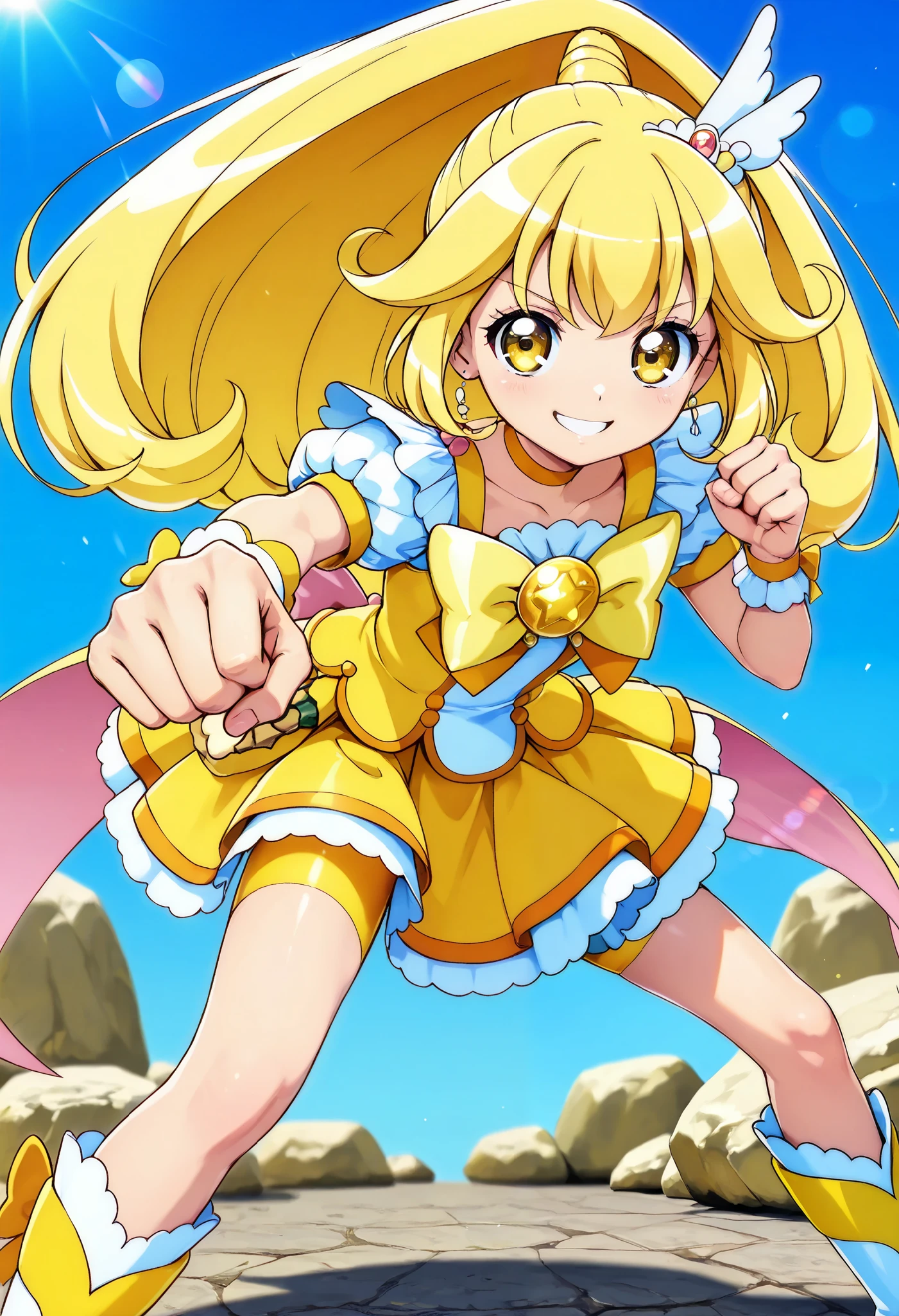 curepeace, Magical Girl, Blonde, ponytail, wide ponytail, hair flaps, hair ornament, yellow eyes, choker , shirt, puffed short sleeves, Wrist Cuff , yellow bow, Neck Bow, skirt , bike shorts, bike shorts under skirt , boots, is so lovelyな女子生徒, 1 snapshot of a woman, Devilish Beauty , effectively represents sunlight , lens flare, have a smiling smile , Glowing Contours, Backlit sunlight, glittering , Glamor, is so lovely, colorful , lively, look at the viewers, Clench your fist, ( stick your fist forward, Rock-paper-scissors:1.2), clear blue sky background , HD, very aesthetic, best quality , masterpiece.