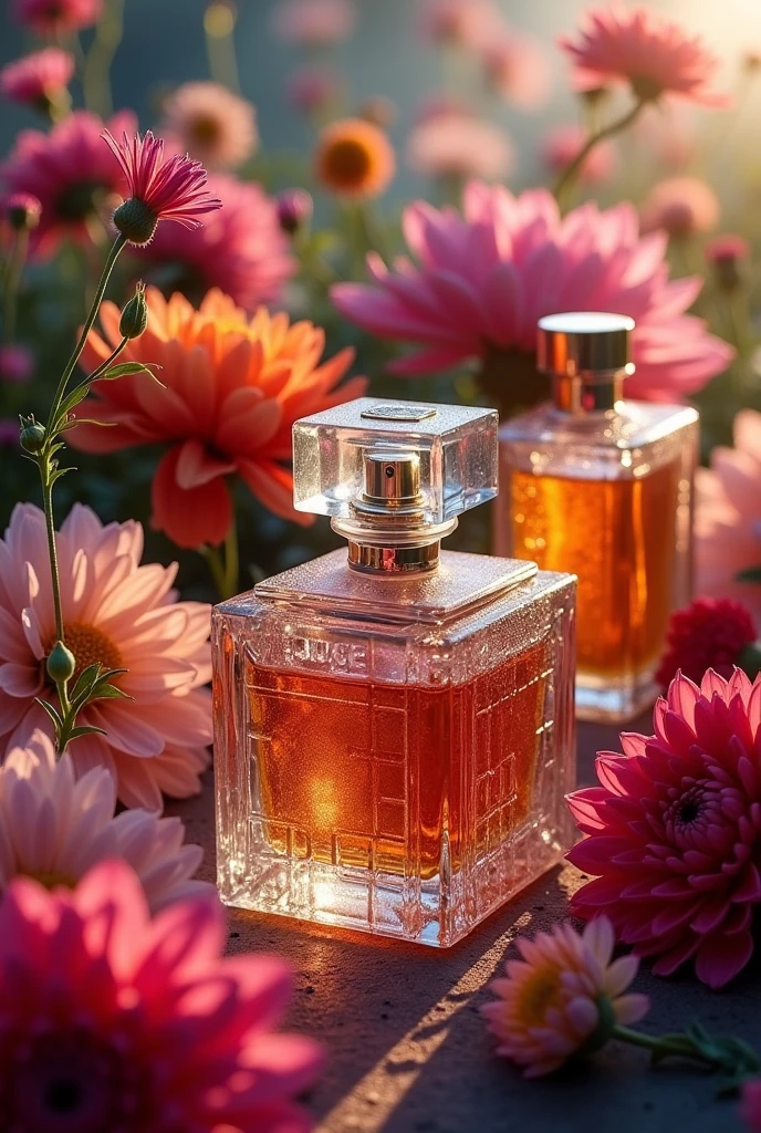 (1 perfume bottle), yellow flower, simple background, luxury brand commercial photography