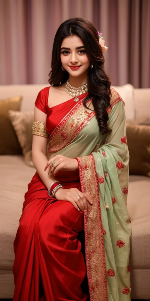 Beautiful Indian actress Madhubala who married Kishore Kumar in stunning saree beautiful poses, She is in present Day Metro in India, 8k hyperrealstic full detailed