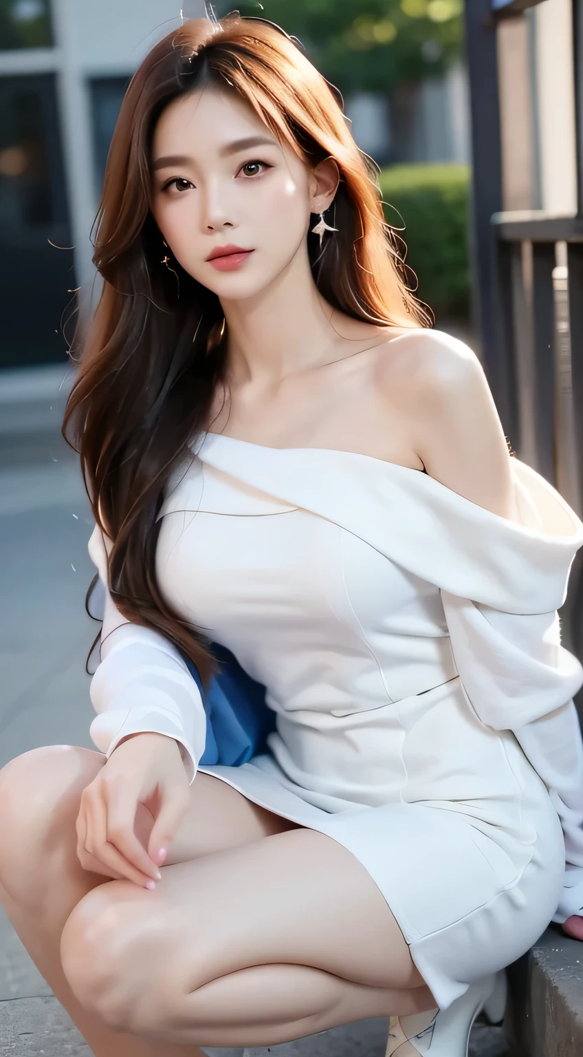 (street:1 Blue-haired girl ,get up,A word, +), masterpiece, best quality, original photo, Realistically , Face, Very ridiculous Resourcetra's long curly brown hair wraps around the ears),Eyeshadow,Technical Clothing,(White off-the-shoulder knee-length dress),White off-shoulder dress,( white tight flats ,Depth of Field, high resolution , super detailed , Filigree, RAW very detailed, The details of the eyes and face are very rich, sharp pupils, Realistic Student , Lock focus, movie lighting, Full Body Female Love,Large target,Very long legs when viewed from the front , dynamic posture,Normal posture,Close-up of the face