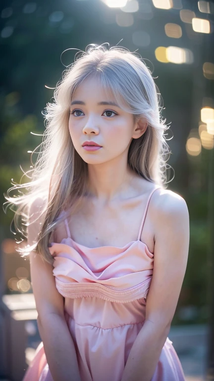 a petite girl with beautiful detailed eyes, detailed lips, extremely detailed face, long eyelashes, dreamy expression, drenched dress, depth of field, lens flare, art by cornflower, (best quality,4k,8k,highres,masterpiece:1.2),ultra-detailed,(realistic,photorealistic,photo-realistic:1.37),medium format,natural lighting,cinematic composition,vibrant colors,soft focus,delicate features,ethereal atmosphere