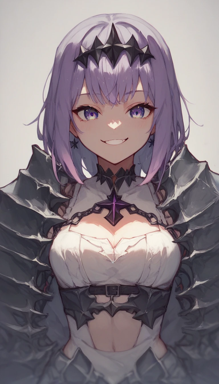 masterpiece, Highest quality, High resolution, male, short hair, Hello, Red eyes, Large Breasts, Cleavage, Epaulettes, White gloves, - Elbow hand pockets, Purple Skirt, Knee socks, Cowboy Shot, Are standing, Place your arms at your sides, straight, street,Two legs,Five Fingers,Evil background,Elbow fullgloves,shiny latex,evil grin, Debish Aura (Shiny fabric:1.5),Dark world background,solo,Decorated with skulls. background, A mountain of skulls beneath ,Two hands,