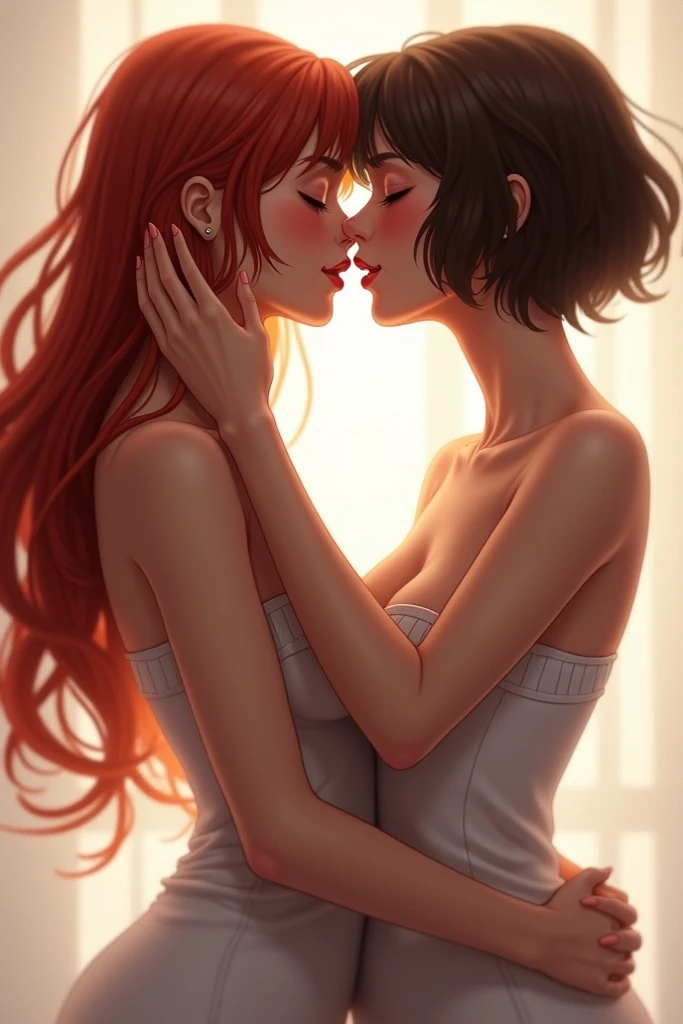Create a drawing of two teenage lesbian girls, one brunette with medium curly hair and the other white with short curly hair but it looks very dark red
