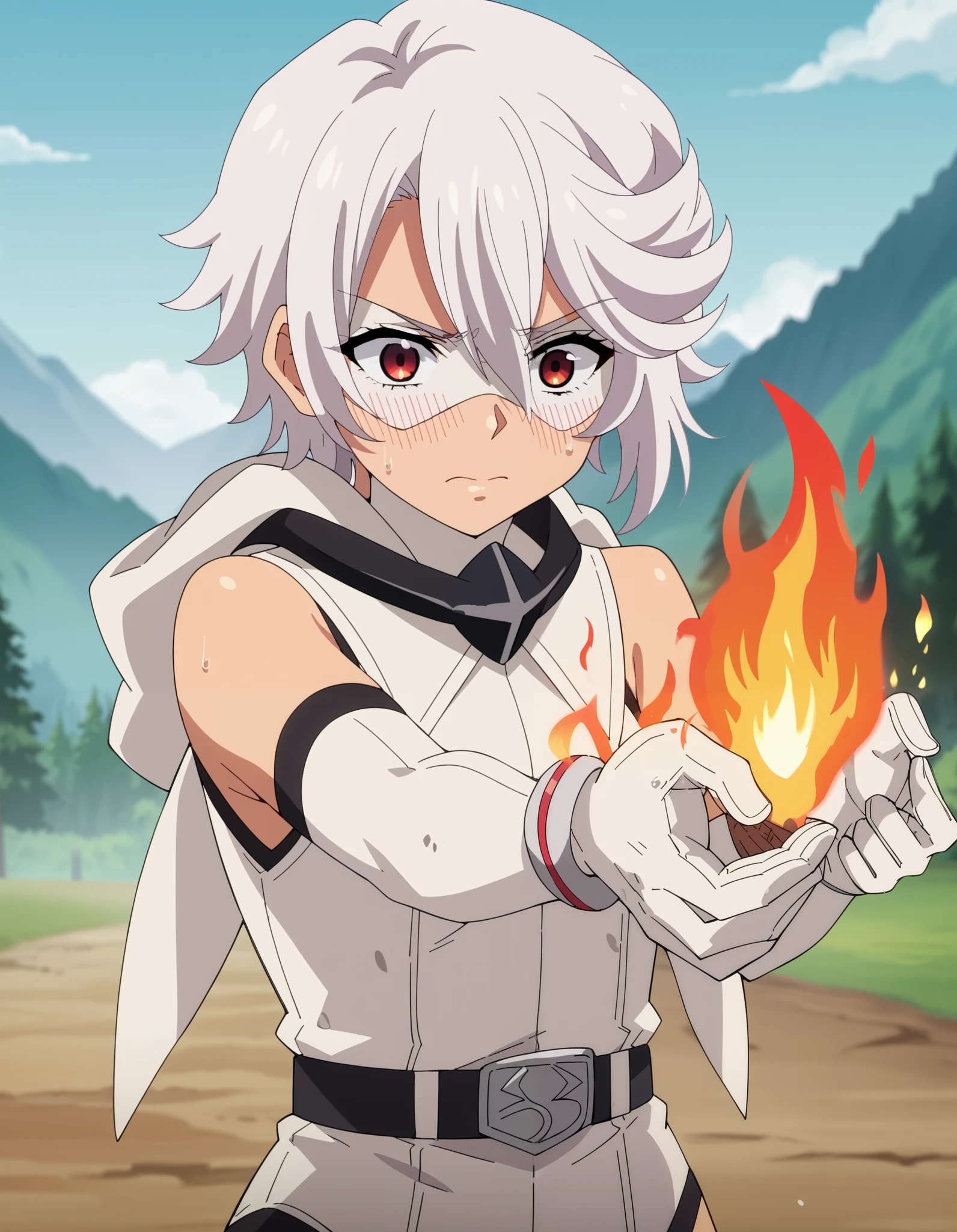 1girl, solo, short hair, White hair, red eyes, eye mask, leotard, sleeveless, belt, elbow gloves, white gloves, bracelet, thighhighs, thigh boots, Hood, ((hood up)), upper body, outdoors, mountains, closed mouth, sweat, blush, fighting pose, solo, fire, fire on hands, anime screencap score_9, score_8_up, score_7_up, score_6_up, score_5_up, score_4_up, BREAK source_anime, masterpiece