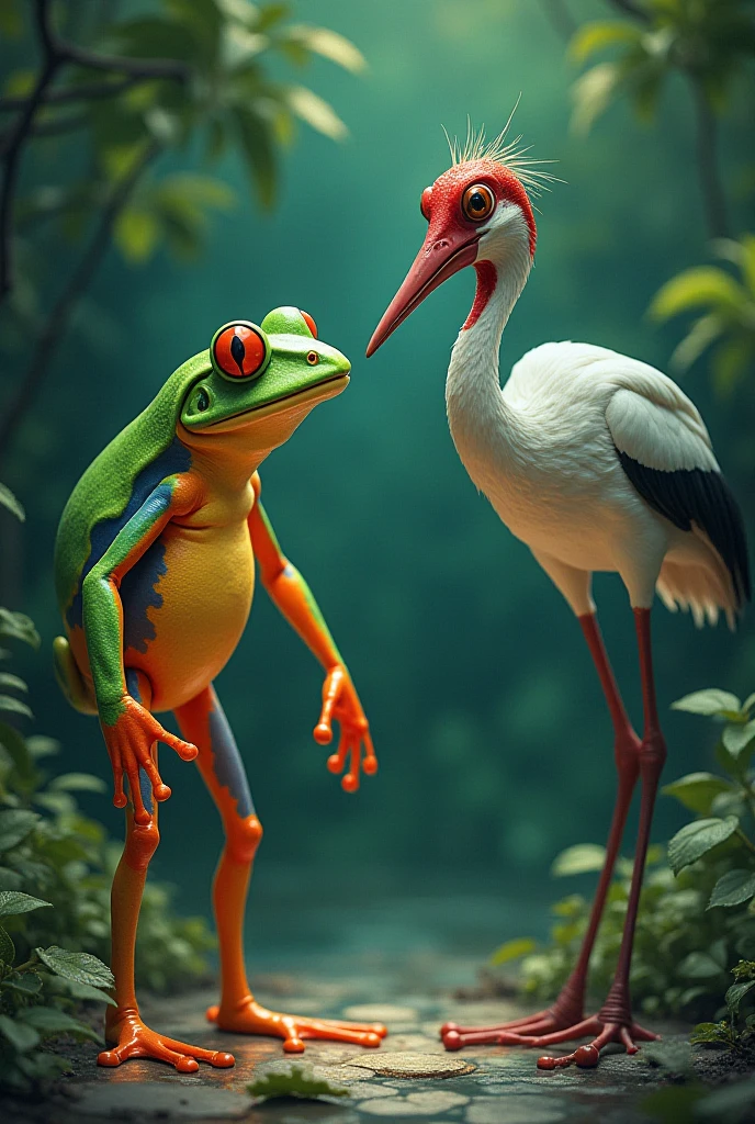 A loving couple of chameleon and white heron