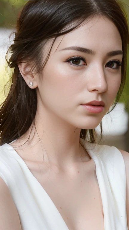 (8k, highest quality, masterpiece:1.2), (Real Stick, Photorealistic:1.37), unit, Very delicate and beautiful, Very detailed, Amazing, Exquisite detail, masterpiece, highest quality, Official Art, disorganized person, Unbelievably absurd, Beautiful single girl, Facial Light, Red nose, ((One Girl)), Red lips, short hair, Beaver_cut, (Straight Hair), necklace, Earrings, Mid-breasted, Cleavage, Glowing Skin, Outdoor, Professional Lighting, Detailed Shadows, ((show off nipples under white shirt))