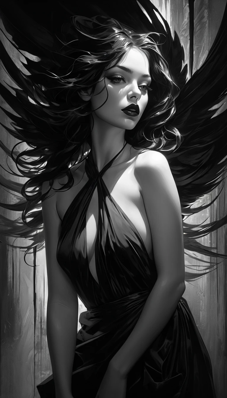 eroticism, sexy, black and white image, curvy girl, long black hair,embroidered sexy dress, between shadows, oil painting, chiaroscuro, sensual, dramatic lighting, moody atmosphere, photorealistic, intricate details, masterpiece, ultra-detailed, high quality, 8k, best quality, realistic, cinematic, dark and brooding, expressionistic, powerful composition, emotional impact, Bill Sienkiewicz inspired art
