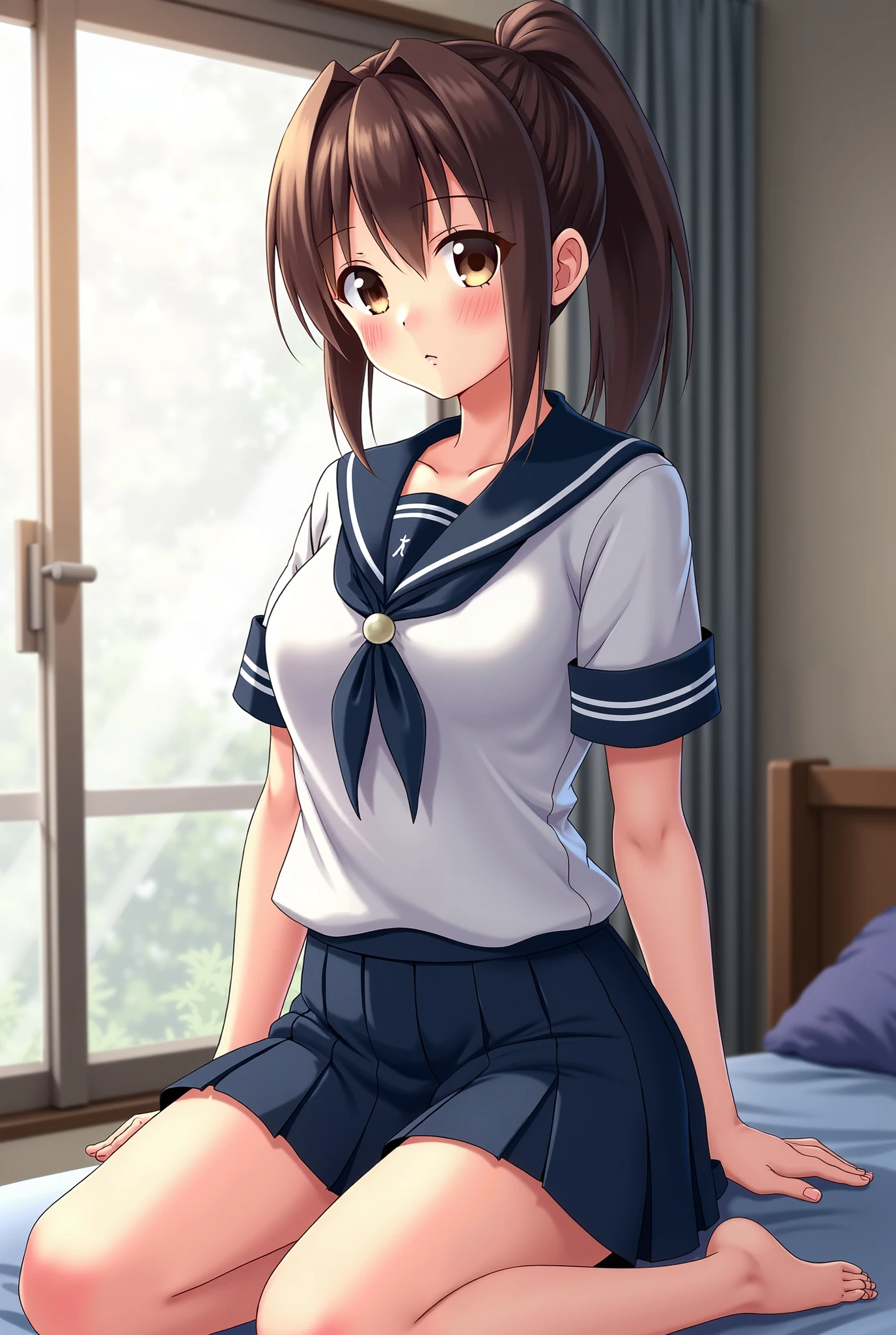 Highest quality, masterpiece, High resolution, alone, {inazuma_Kantai Collection}, brown_hair, Folded_ponytail, brown_eye, length_hair, Open_mouth, smile, School_uniform,skirt,Pleats_skirt,((Flat Chest, Small breasts)), (White panties), (In underwear), (lingerie), (indoor, office, living room), skirtリフト,((nsfw)), 