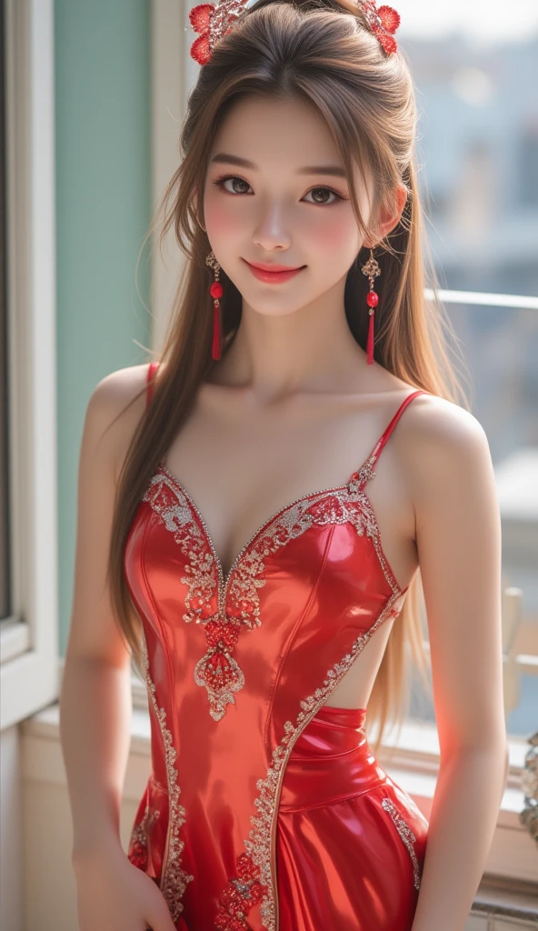 1 beautiful girl in beautiful Hanfu, Thin red silk shirt,With many yellow patterns, Black lace top, Light pink rabbit ears, Long hair dyed lilac platinum, beautiful hair ornaments, Nice face Cute face, Perfect face, Earring jewelry, Antique jewelry, Big red eyes, Sharp eye makeup, Detailed eyelash makeup, Thin eyebrows, High nose, Nice red lips, no smile, pursed lips, rosycheeks, large bust, large bust, huge tit, well-proportioned bust, Slim waist, Red mesh stockings,black border , chinese hanfu style, Fictional art patterns, vivid and real colors, RAW photo, Real photos are realistic, Ultra high quality 8K surreal photos, Cool photos, (Virtual light effects: 1.8), 10x pixel, Magic effects (Background): 1.8), (hyper detail eyes: 1.8), (Eyelids): Eyes): Red: 1.8), (black eye pupil: 1.8)Beautiful girl portrait, lone girl, ancient hanfu background, head straight-looking at viewer, Wide original image, 8K quality, Super sharp , Most detailed、The sharpest image, Detailed bright background,Sitting, Full body capture,