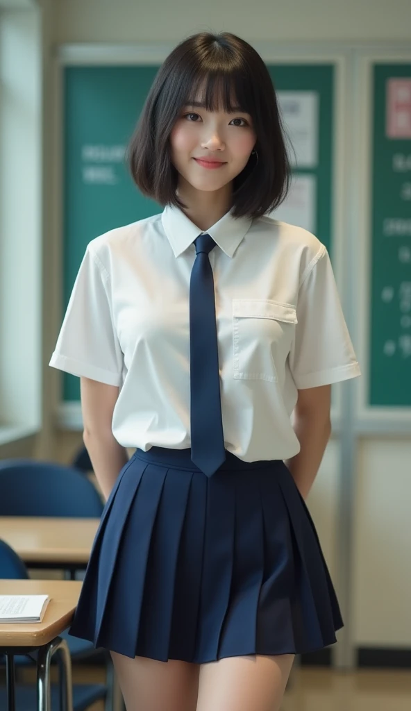 japanese girl, girl, short hair, black hair, brown eyes, perfect figure, Transparency, chest, school uniform, navy blue tie, navy blue skirt, light blue shirt, Idol,park bench