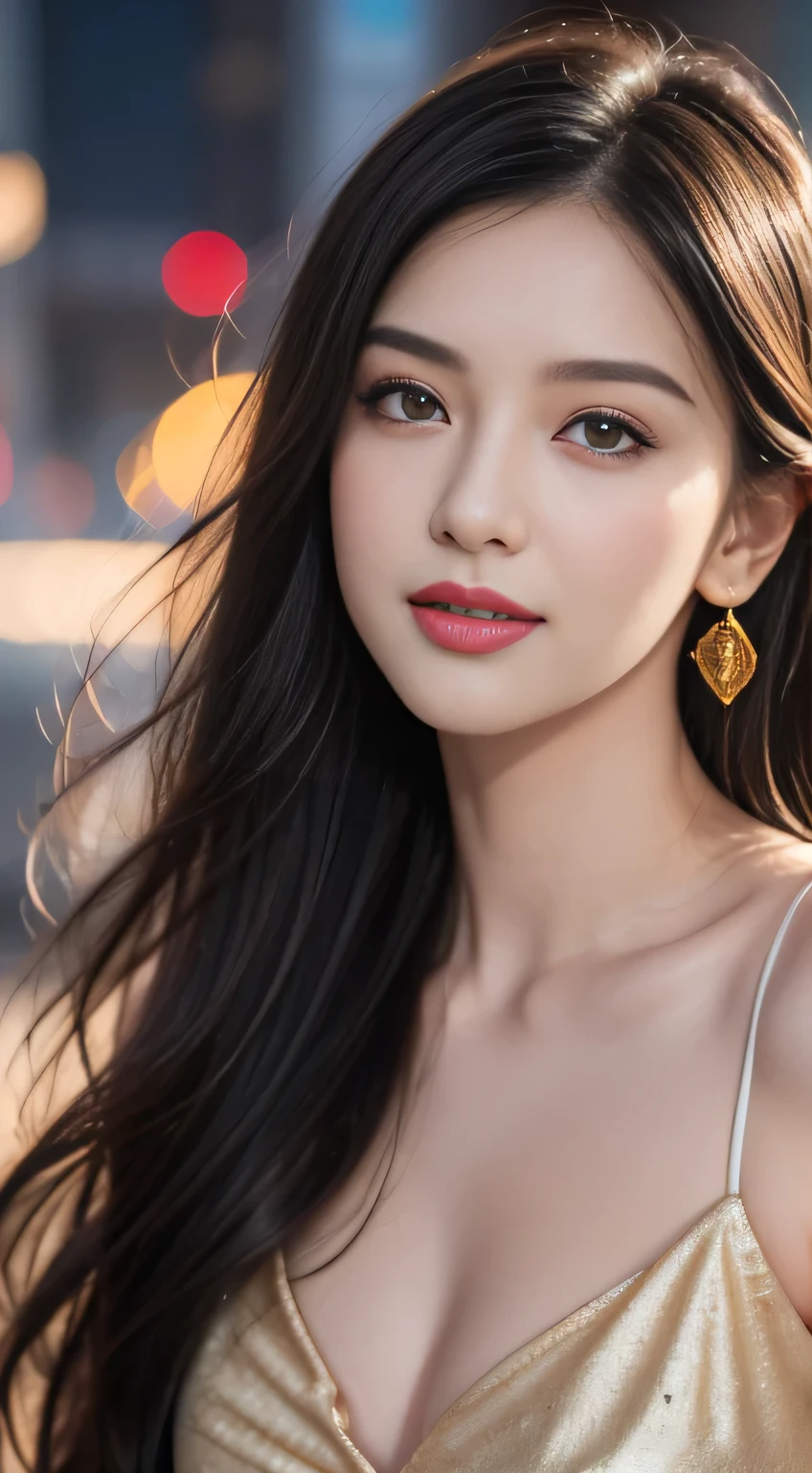 (logo, masterpiece, 8K, Tabletop, RAW Photos, wonderful, 最high quality, Photorealistic and very detailed CG composite 8k wallpaper, high quality, Very detailed, Narrative poem, Particle Effects, Dynamic Effects, Depth of the Boundary, What is written i, Cinematic Light, Lens flare, Ray Tracing),  high detail skin, (very fine, fine skin texture, intricate details, beautiful face, (realistic face), realistic eyes, beautifully detailed eyes, realistic skin, beautiful skin, surreal, very detailed Golden ratio, smiling eyes, ((night moonlight background) )), body portrait, G cup, big breasts, huge breasts, big breasts, glamorous, sexy knit dress,