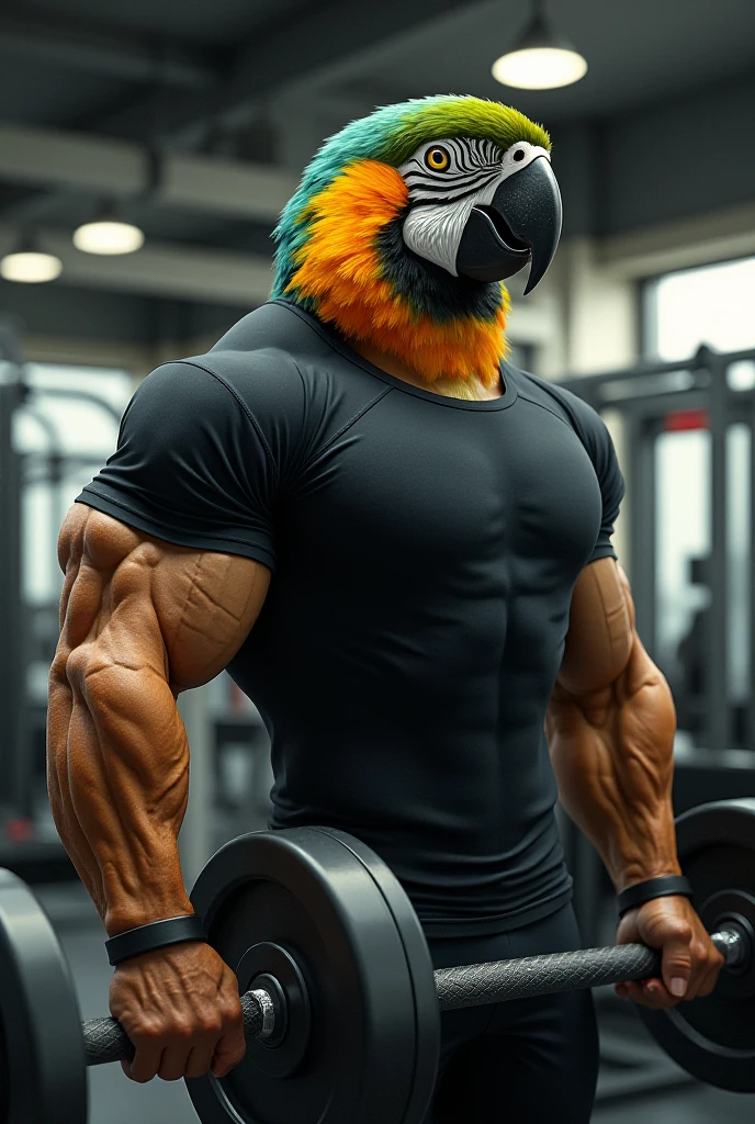 Create an image of a parakeet with the body of an extremely muscular human, em uma pose de Mr. Olympia. The parakeet should have a detailed and stylized head, with large expressive eyes and a small beak. The body must be that of a muscular human, with a defined and well-toned physique, displaying a striking pose typical of bodybuilding competitions. Make sure the transition between the parakeet's head and the human body is smooth and visually interesting.. The background can be simple and neutral to keep the focus on the main figure.