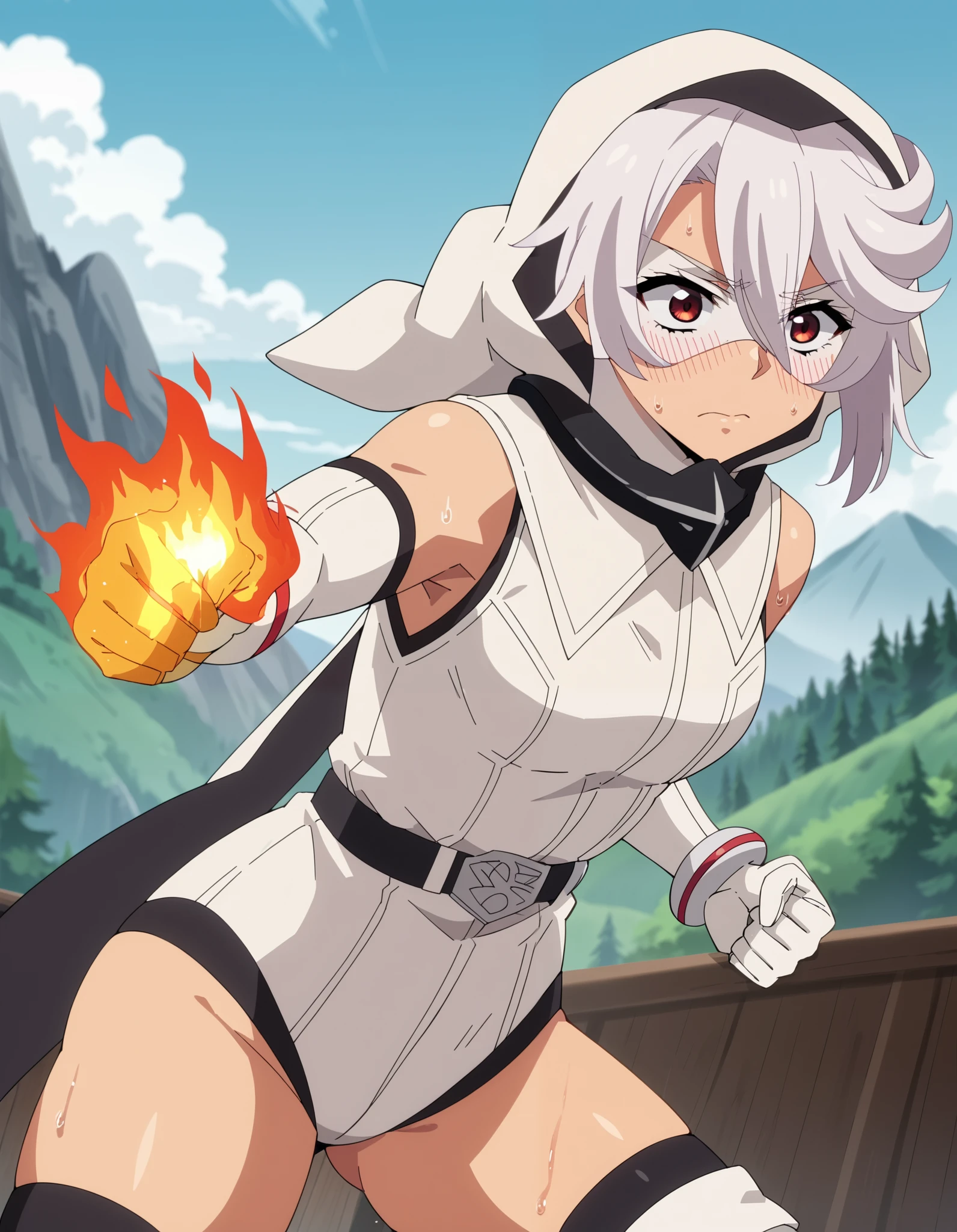 1girl, solo, short hair, White hair, red eyes, eye mask, leotard, sleeveless, belt, elbow gloves, white gloves, bracelet, thighhighs, thigh boots, Hood, ((hood up)), outdoors, mountains, closed mouth, sweat, blush, fighting pose, solo, fire, fire on hands, anime screencap score_9, score_8_up, score_7_up, score_6_up, score_5_up, score_4_up, BREAK source_anime, masterpiece