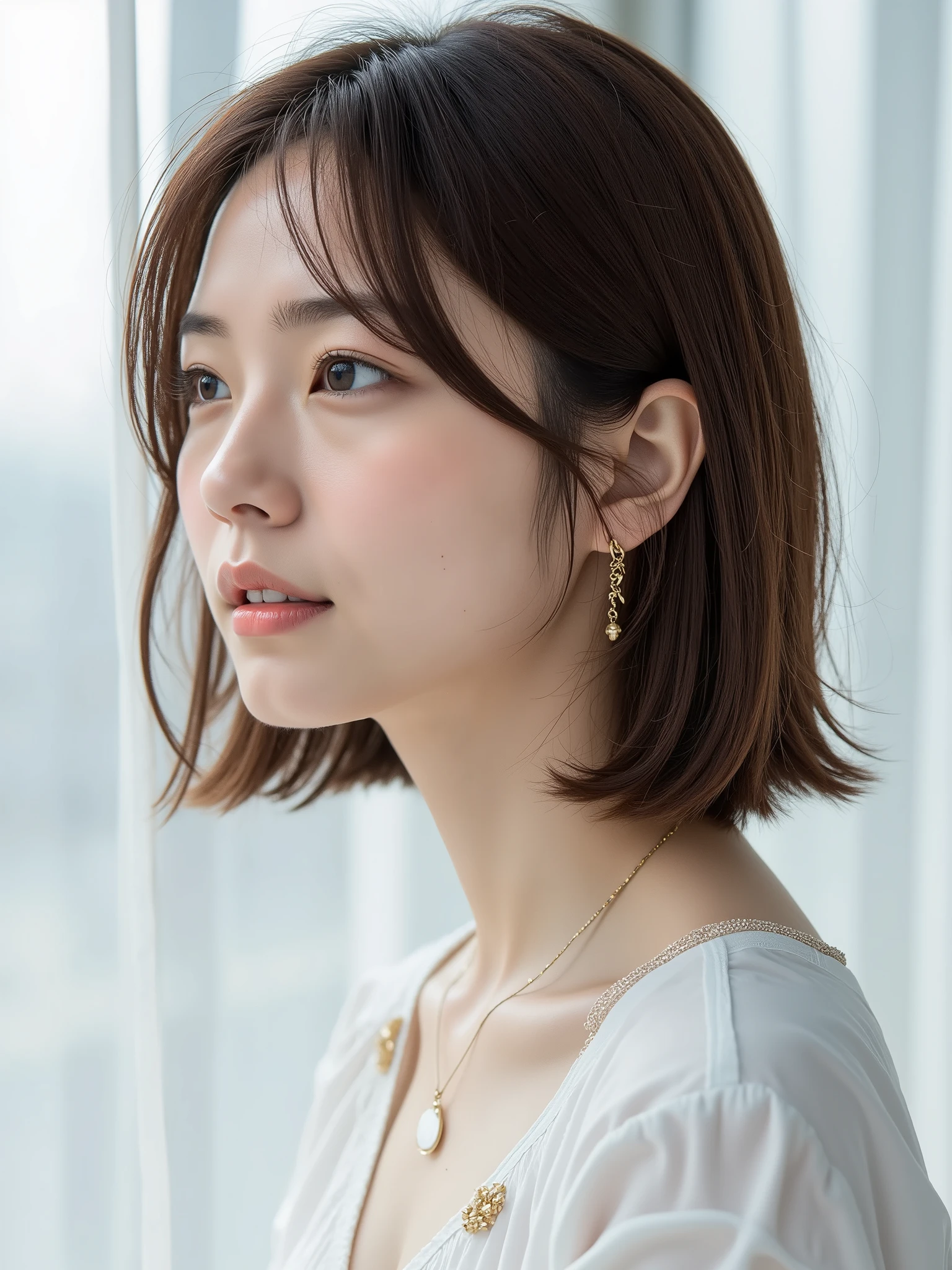 (8k、 RAW photos 、 best quality 、Masterpiece:1.2)、 High Resolution RAW Color Photos 、 professional photography、( realistic、photo realistic:1.37)、Her hair color is brown.、(( short hair))、 (( zoom out)), cinematic lights 、 1 girl、Laughter、White wall、studio、 various poses、I'm wearing a shirt、 simple necklace 、(Beautiful profile:1.3)、 don't look at the camera、 profile、(( Navy hair color ))、 profile、Do not look at the camera with normal and detailed eyes 、 dark brown eyes、 earrings、Hair Model、Picture showing all of my head 、Cutaway model、White wallのstudio、Large space above the head、 has big breasts、