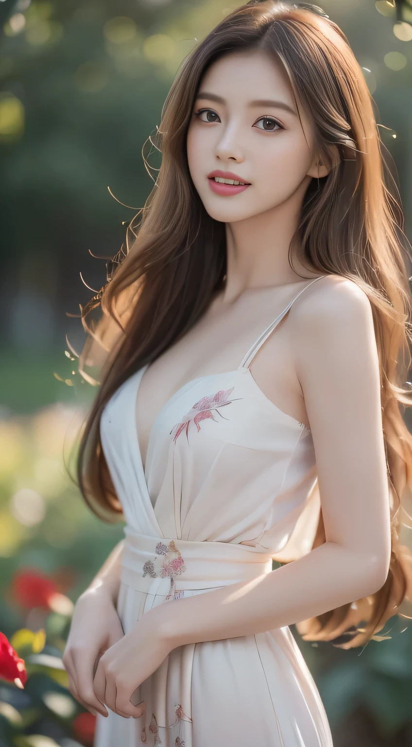 1 girl, national foundation, (hotel background), ((8k, raw, masterpiece: 1.5)), (Professional photography, sharp:1.2), Perfect dynamic composition, (Natural sun light), (soft shadow), (Perfect body:1.4), (((skinny figure))), ((huge round breasts:1.3)), (((((medium long hair,bangs))))), Ultra-detailed faces and skin, perfect asian, White skin, (Delicate skin:1.4), (latex skin:0.4), (perfect glowing skin:0.6), light brown eyes, beautiful eyes, round eyes, pretty face, blush, glossy lips, plump lips, glossy eyes, Really moist skin, Refined expression, looking at camera, Elegant necklace, Elegant earrings, minimalist, (red floral gown),