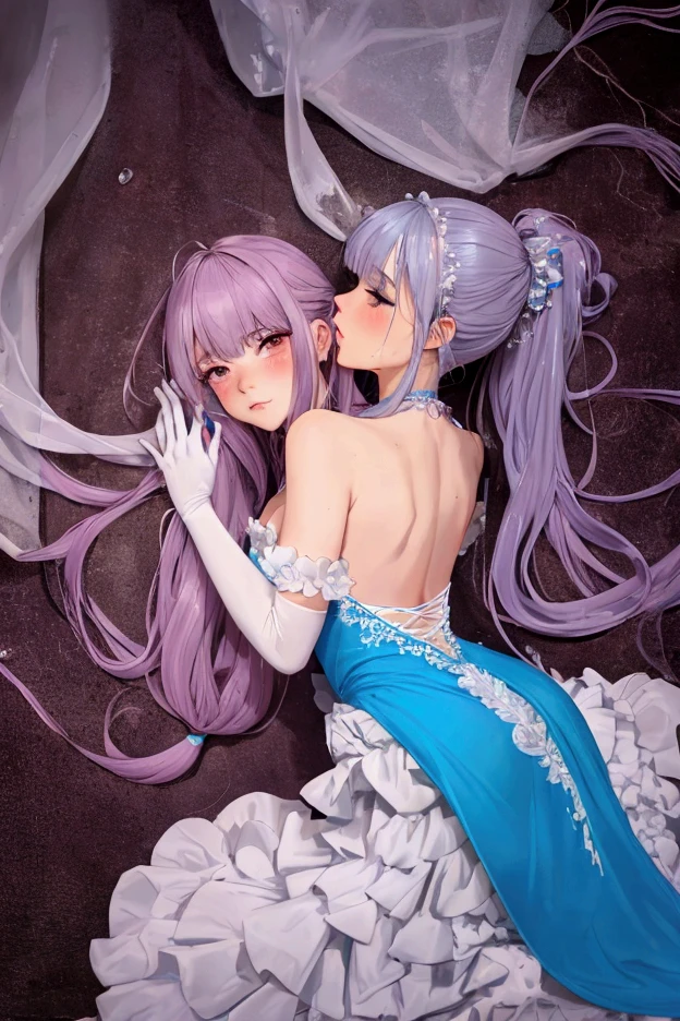 A pink haired woman with violet eyes is hugging a white woman with blue eyes in gowns in a celestial palace