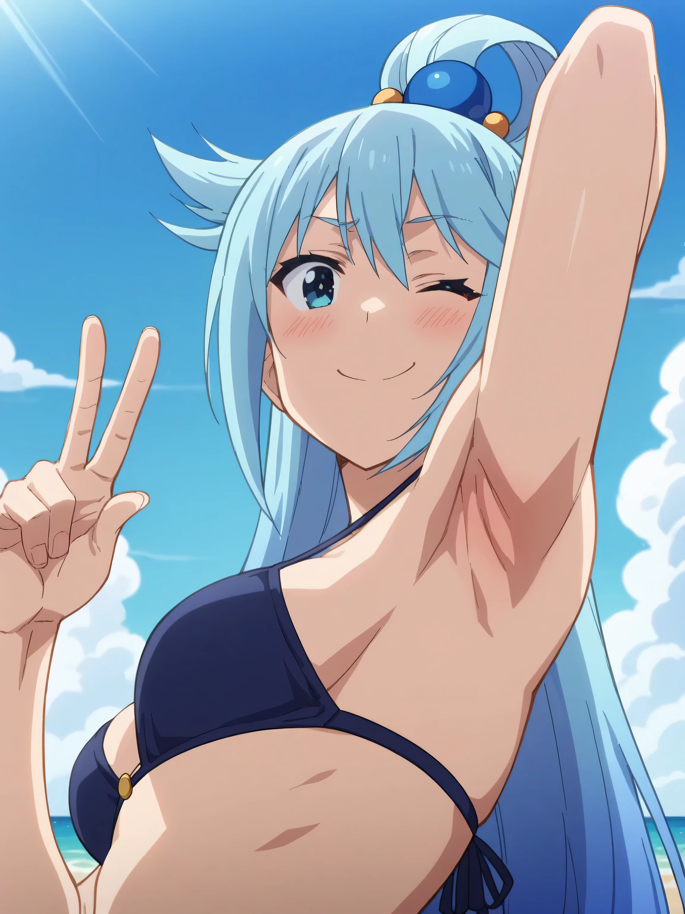 score_9, score_8_up, score_7_up, source_anime, anime screencap, 1girl, solo, aqua \(konosuba\), long hair, blue eyes, hair ornament, very long hair, blue hair, hair rings, single hair ring, hair bobbles, dark blue bikini, side tie bikini, bare shoulders, arm behind head, armpit, head towards viewer, blush, smile, closed mouth, badhandv4, outdoors, day, beach, medium breasts, wink, from side, from below 