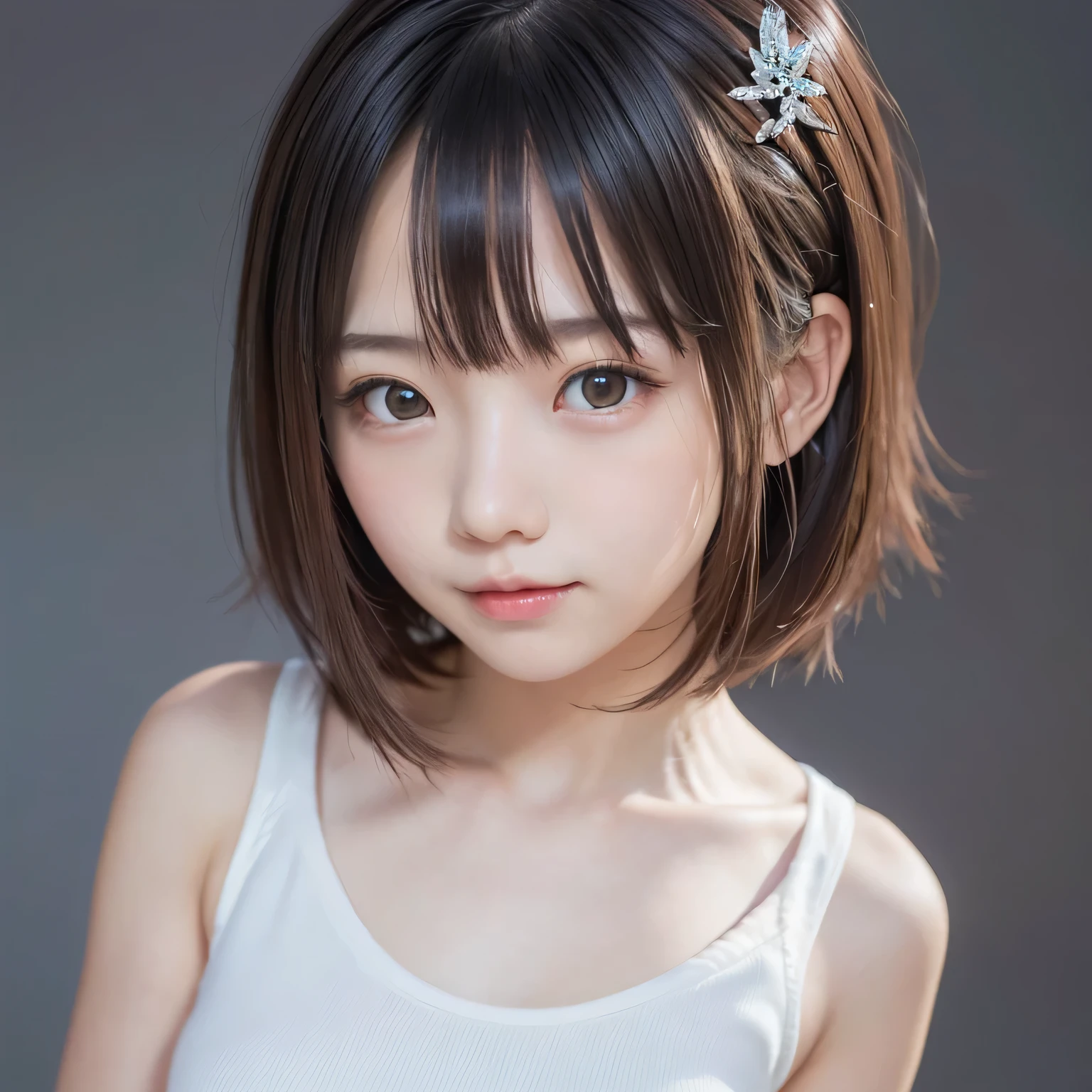 Arafed asian girl with a white tank top and a hair clip - SeaArt AI