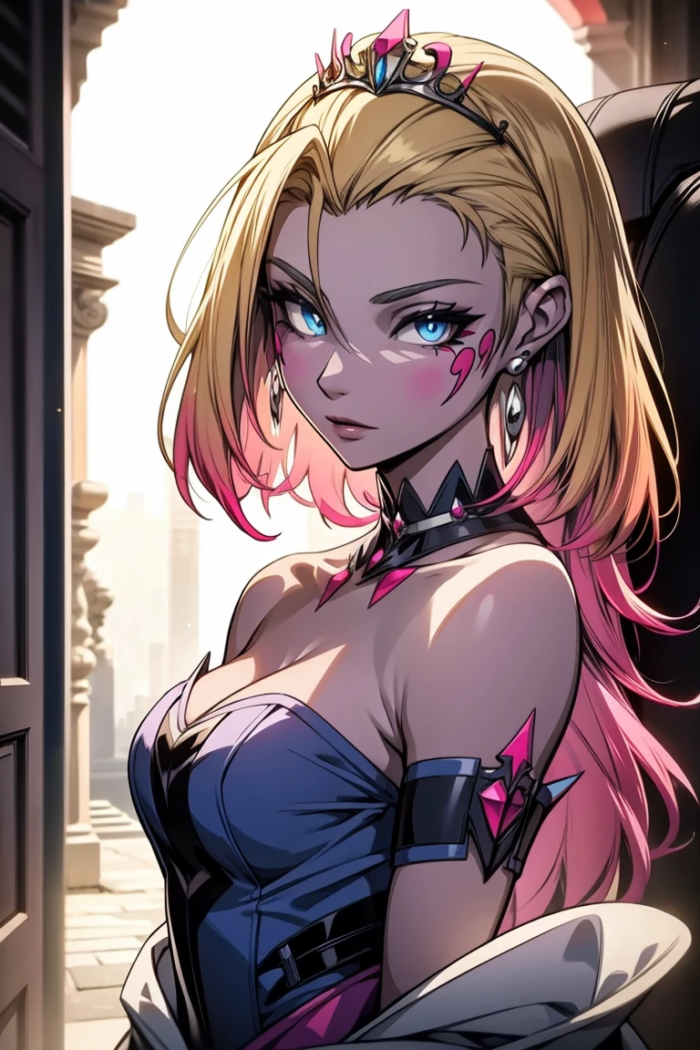 1girl, solo, blonde hair, gloves, blue eyes, long hair, black gloves, open mouth, mask, one eye covered, elbow gloves, collarbone, black mask, looking at viewer, bare shoulders,upper body,realistic,(shiny skin),signora \(genshin impact\),(mature female:1.16),bad-girl,